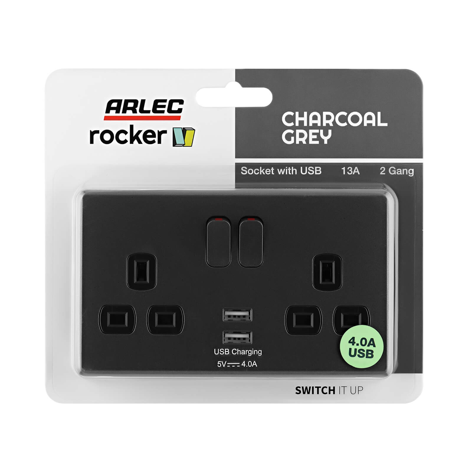 Arlec Rocker Charcoal Grey Double USB Socket 2 x 4A USB