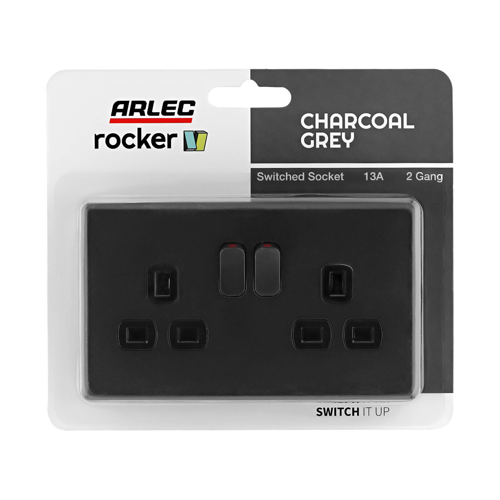 Arlec Rocker 13A 2 Gang Charcoal Grey Double switched socket
