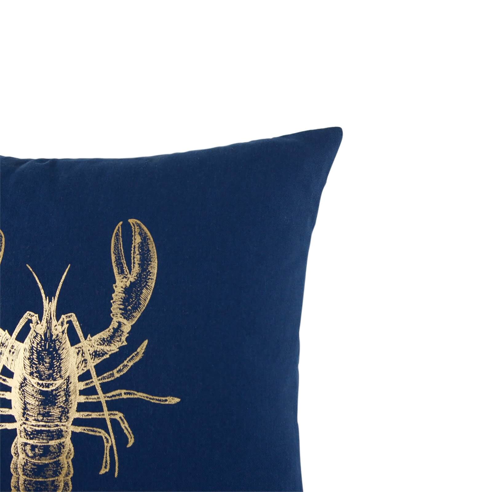 Gold Lobster Print Cushion - Navy
