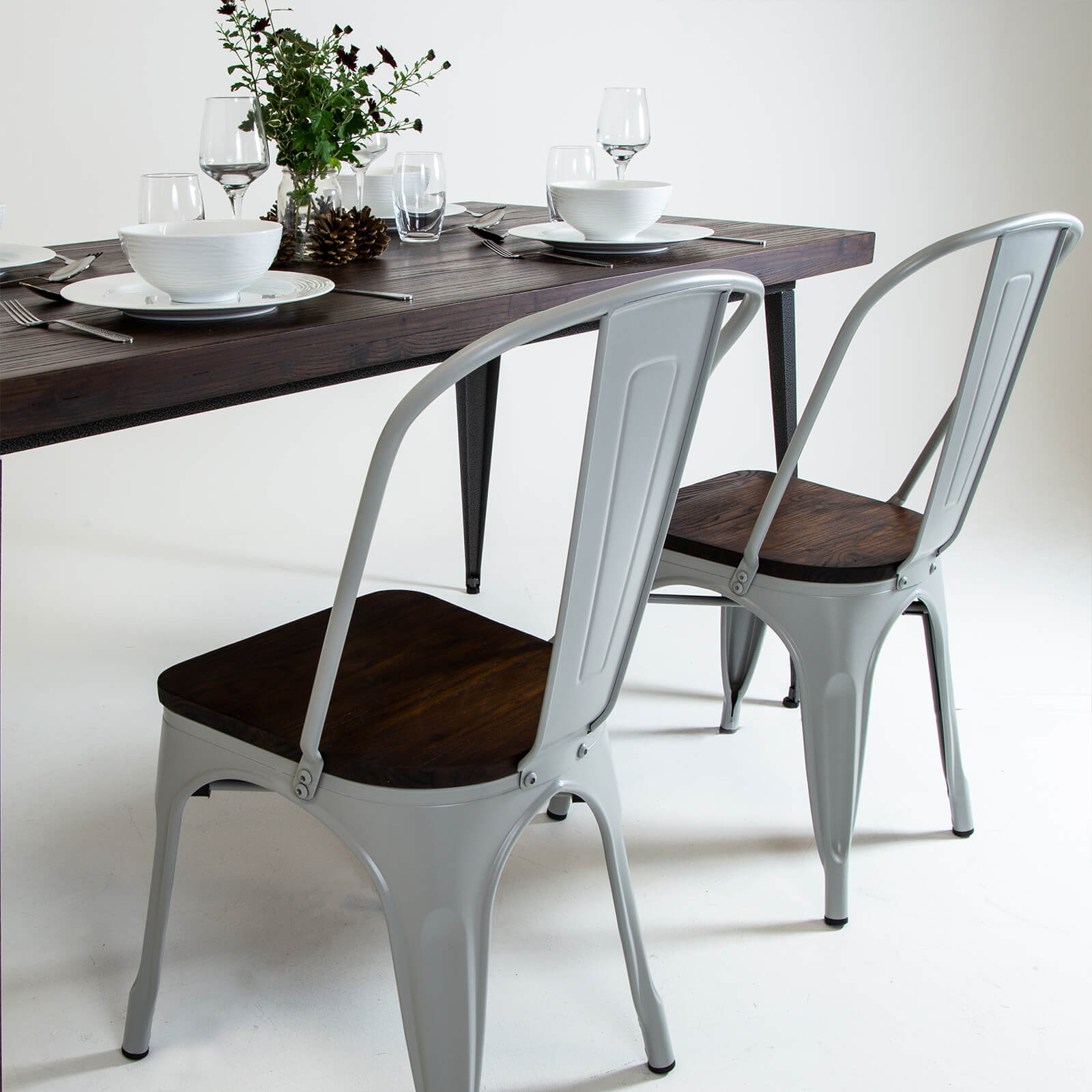 Pair of Metal & Wood Dining Chairs - Light Grey