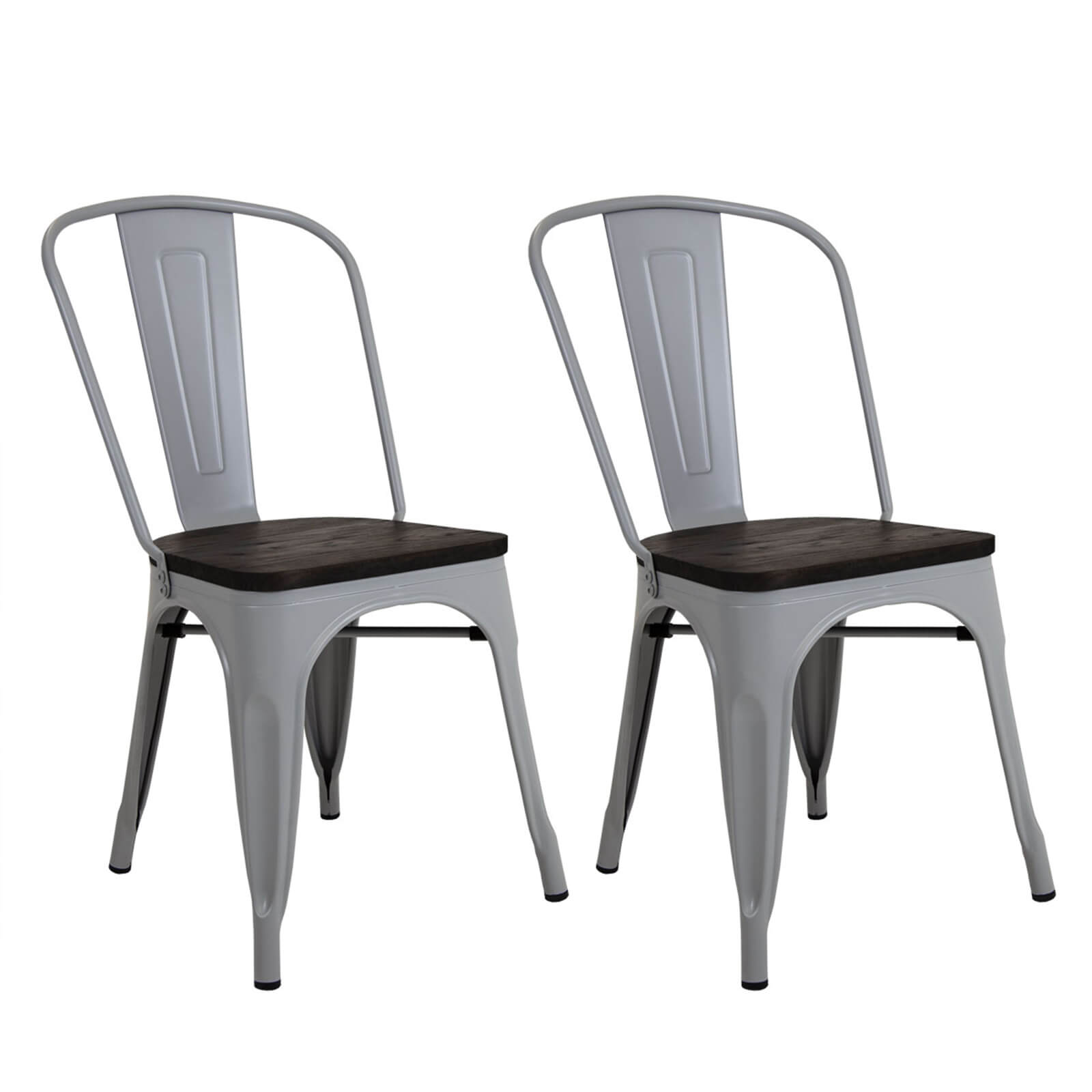 Pair of Metal & Wood Dining Chairs - Light Grey