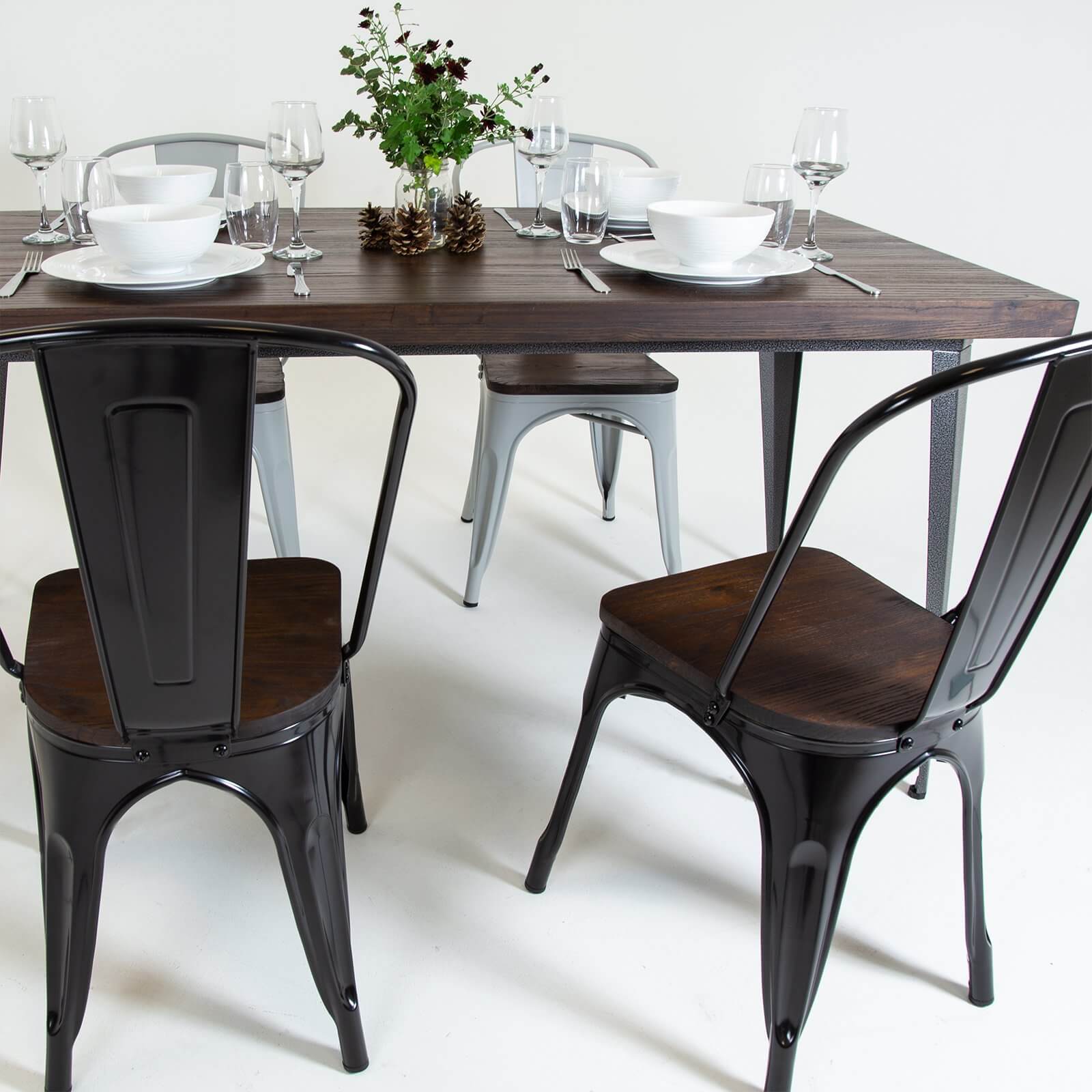 Pair of Metal & Wood Dining Chairs - Black