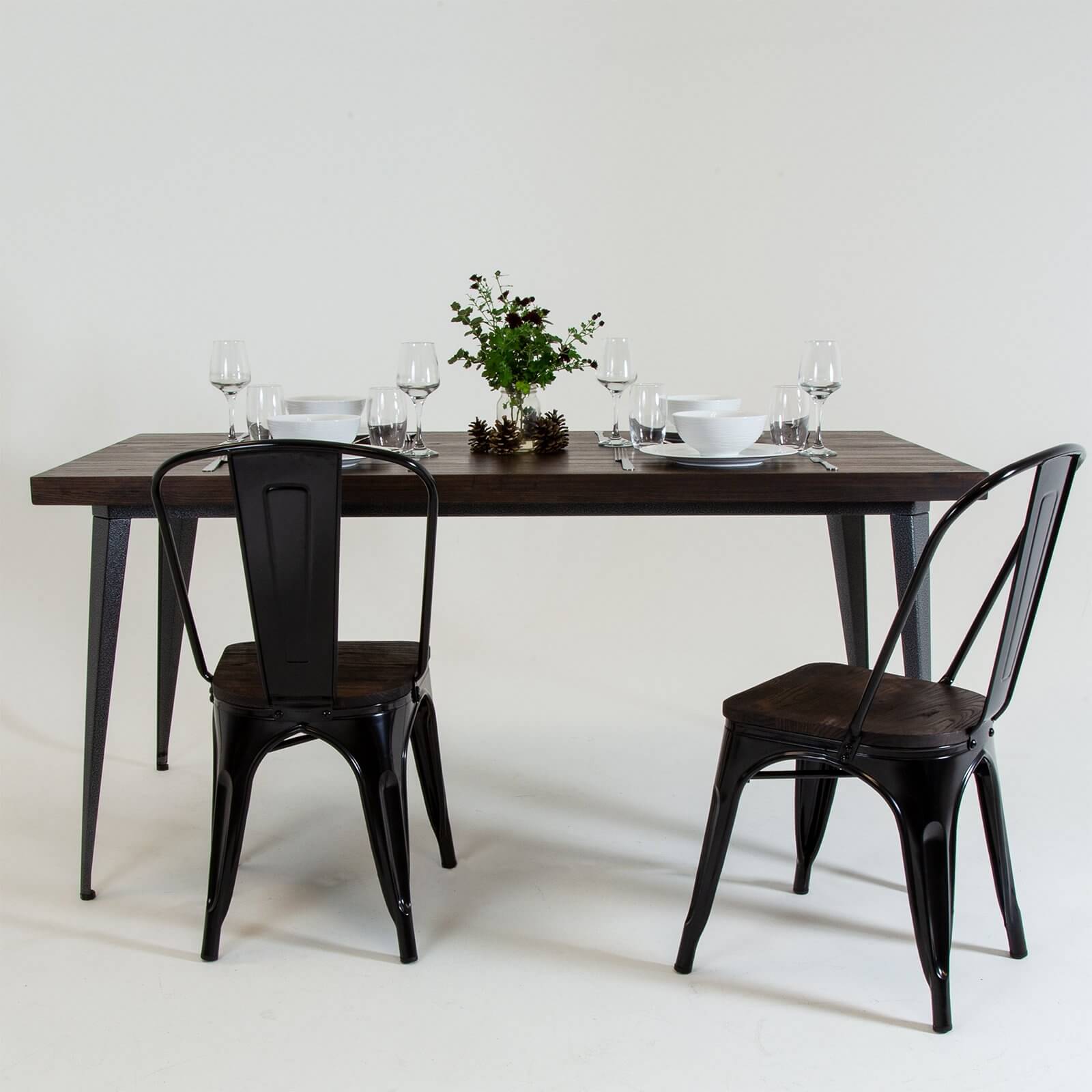 Pair of Metal & Wood Dining Chairs - Black