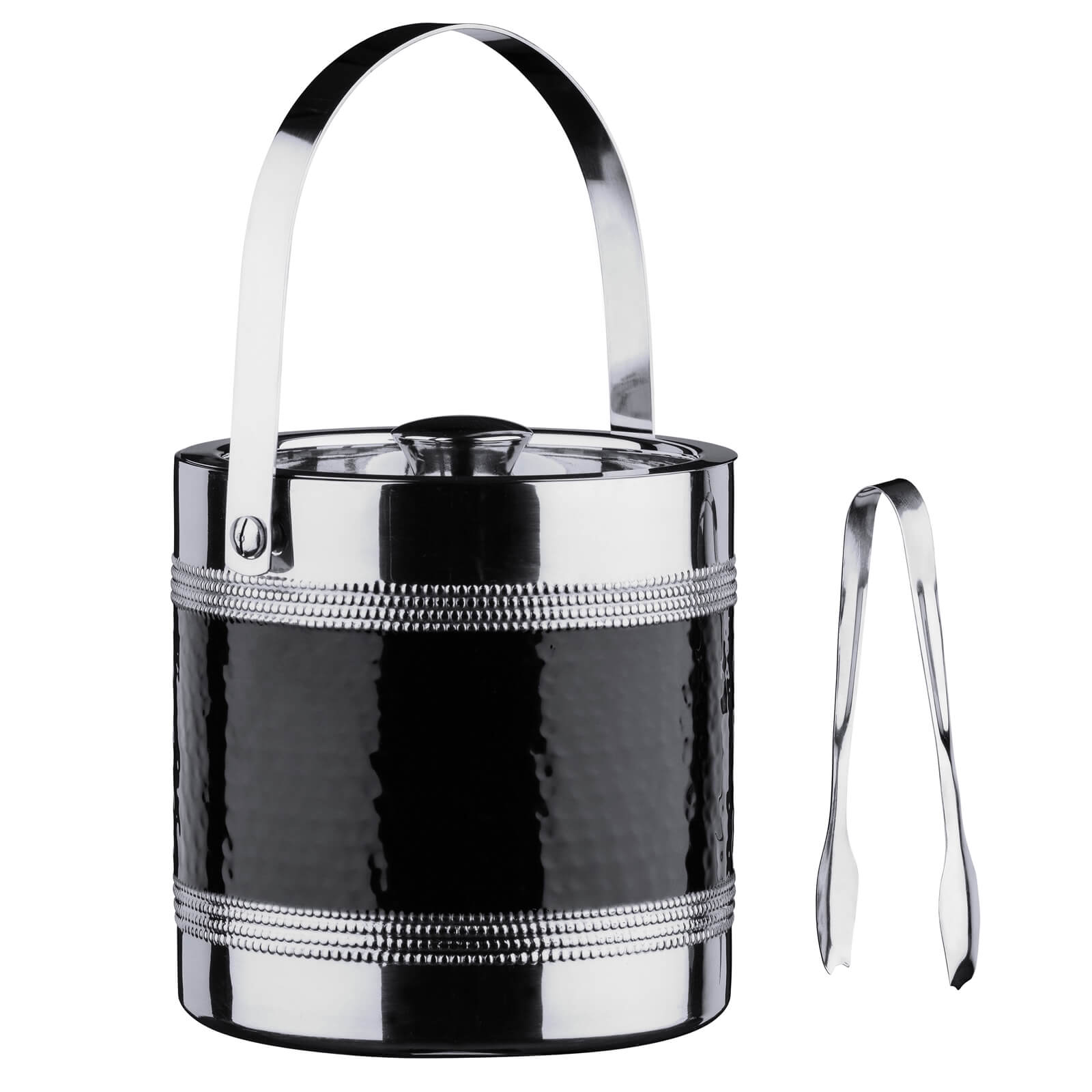 Ice Bucket with Tongs - Hammered Black Band
