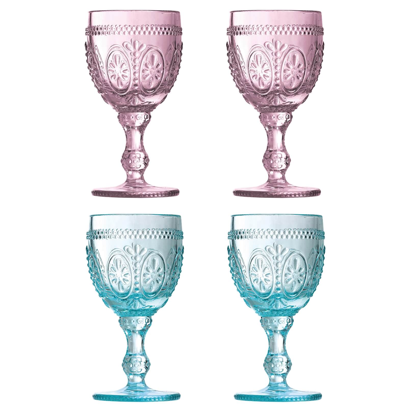 Fleur Wine Glasses - Set of 4 - 2 Pink & 2 Blue
