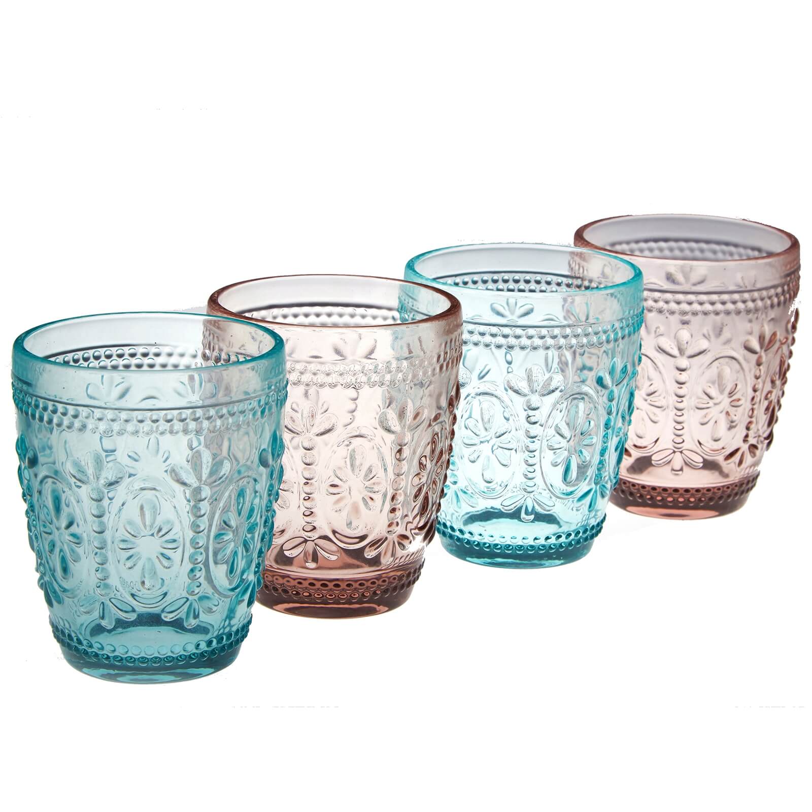 Fleur Glass Tumblers - Set of 4 - 2 Pink & 2 Blue