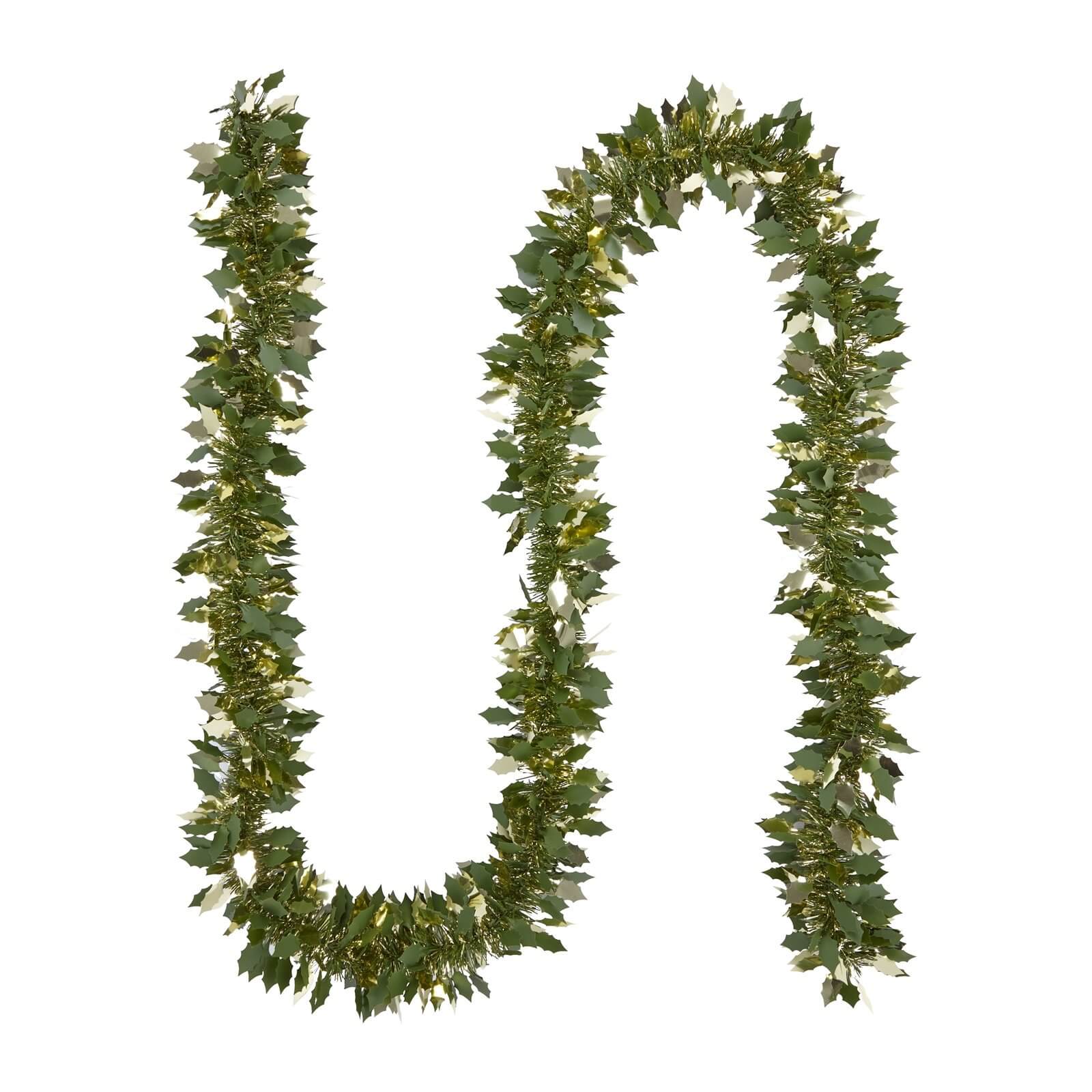 Green & Gold Holly Leaf Christmas Tree Tinsel - 2m