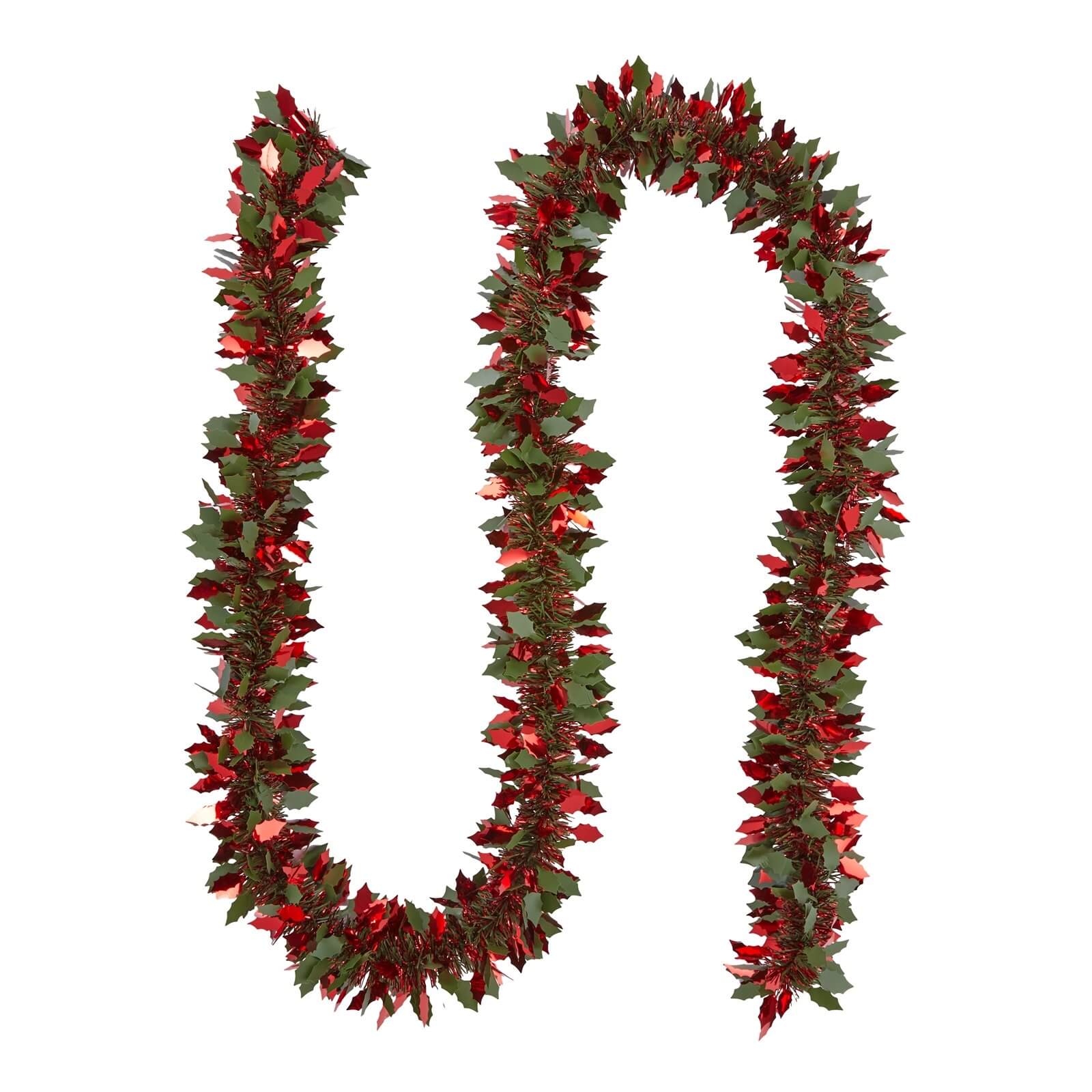 Red & Green Holly Leaf Christmas Tree Tinsel - 2m