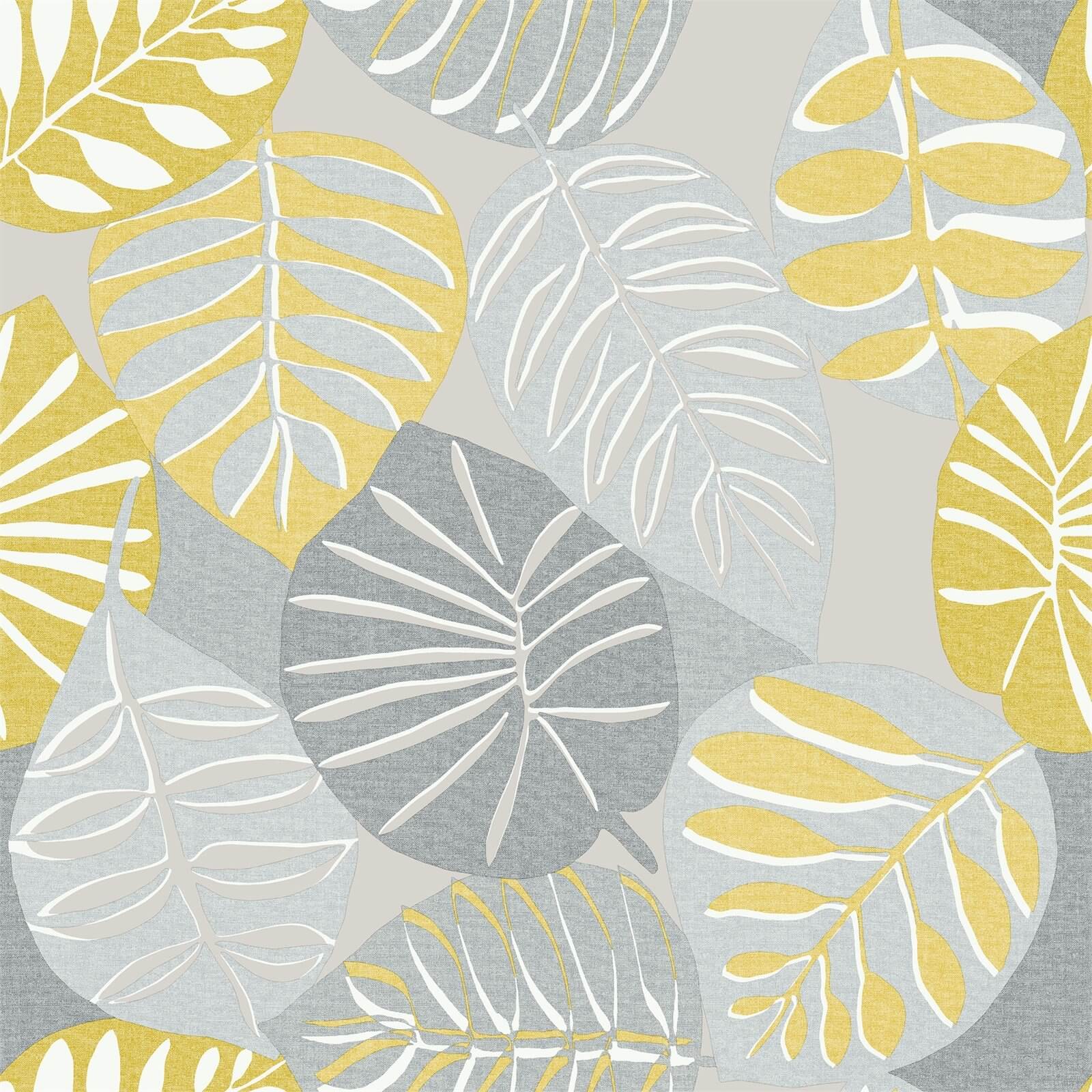 Grandeco Stamped Leaves Yellow Wallpaper