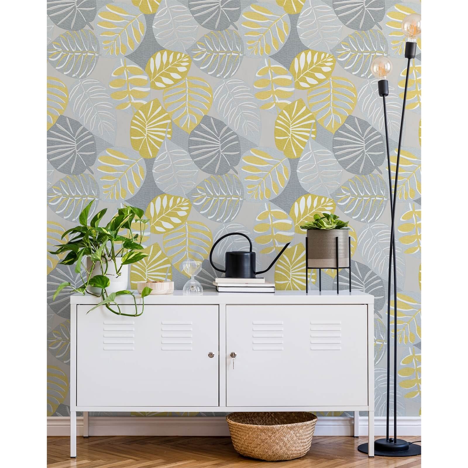 Grandeco Stamped Leaves Yellow Wallpaper