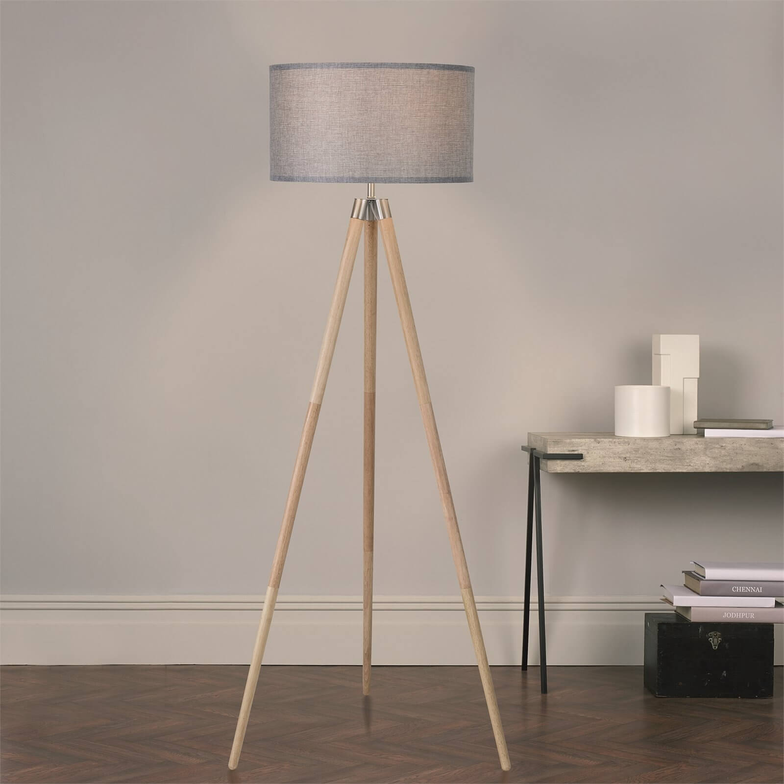 Noah Tripod Floor Lamp - Grey & Natural Wood