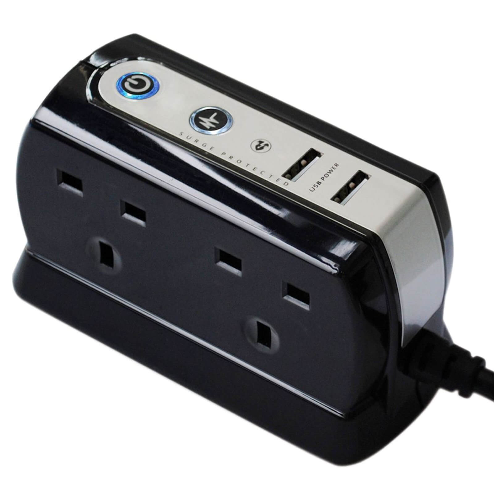 Masterplug 4 Socket 2 USB Surge Compact Extension Lead 2m Gloss Black