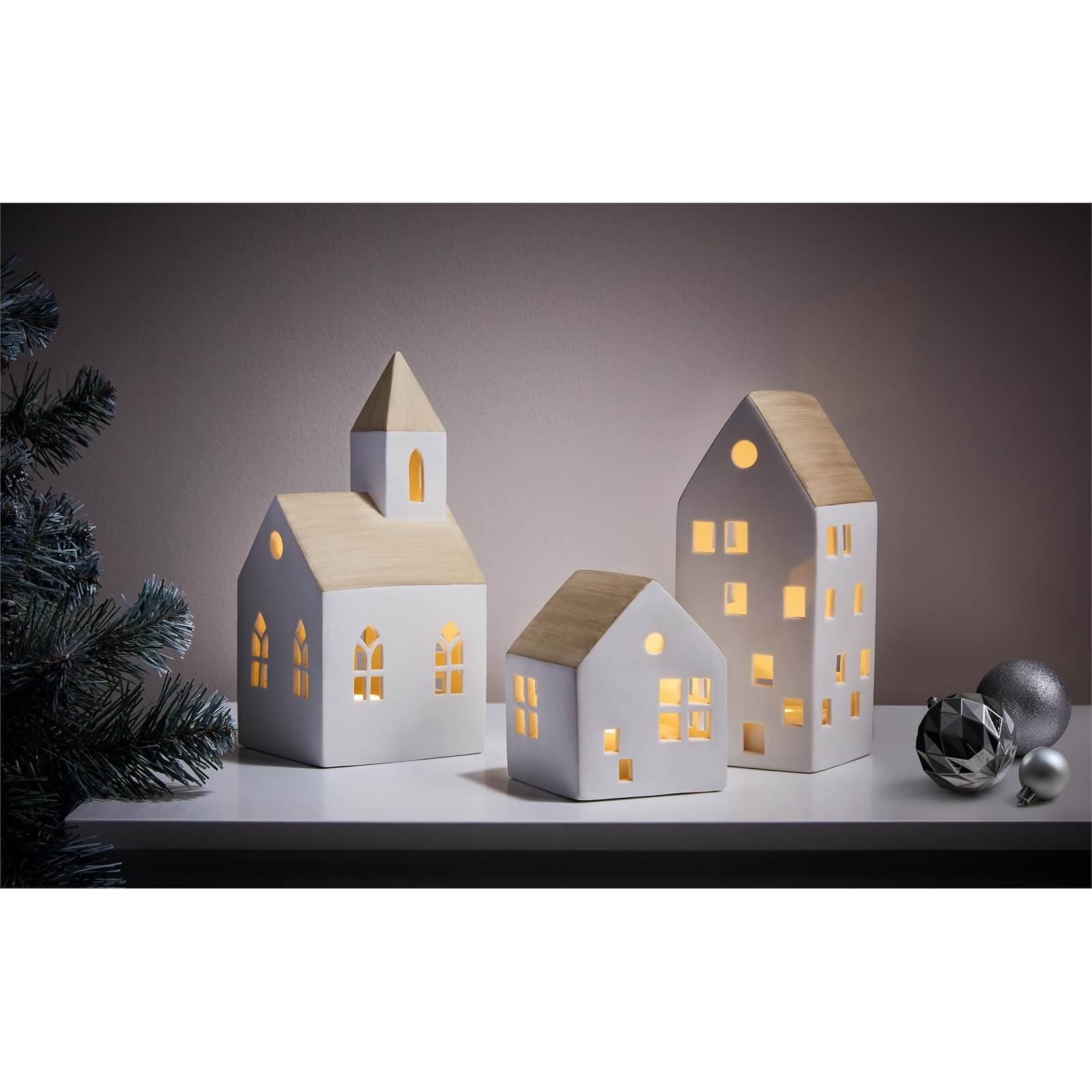 Porcelain Set of 3 Houses Light Up Decoration (Battery Operated)