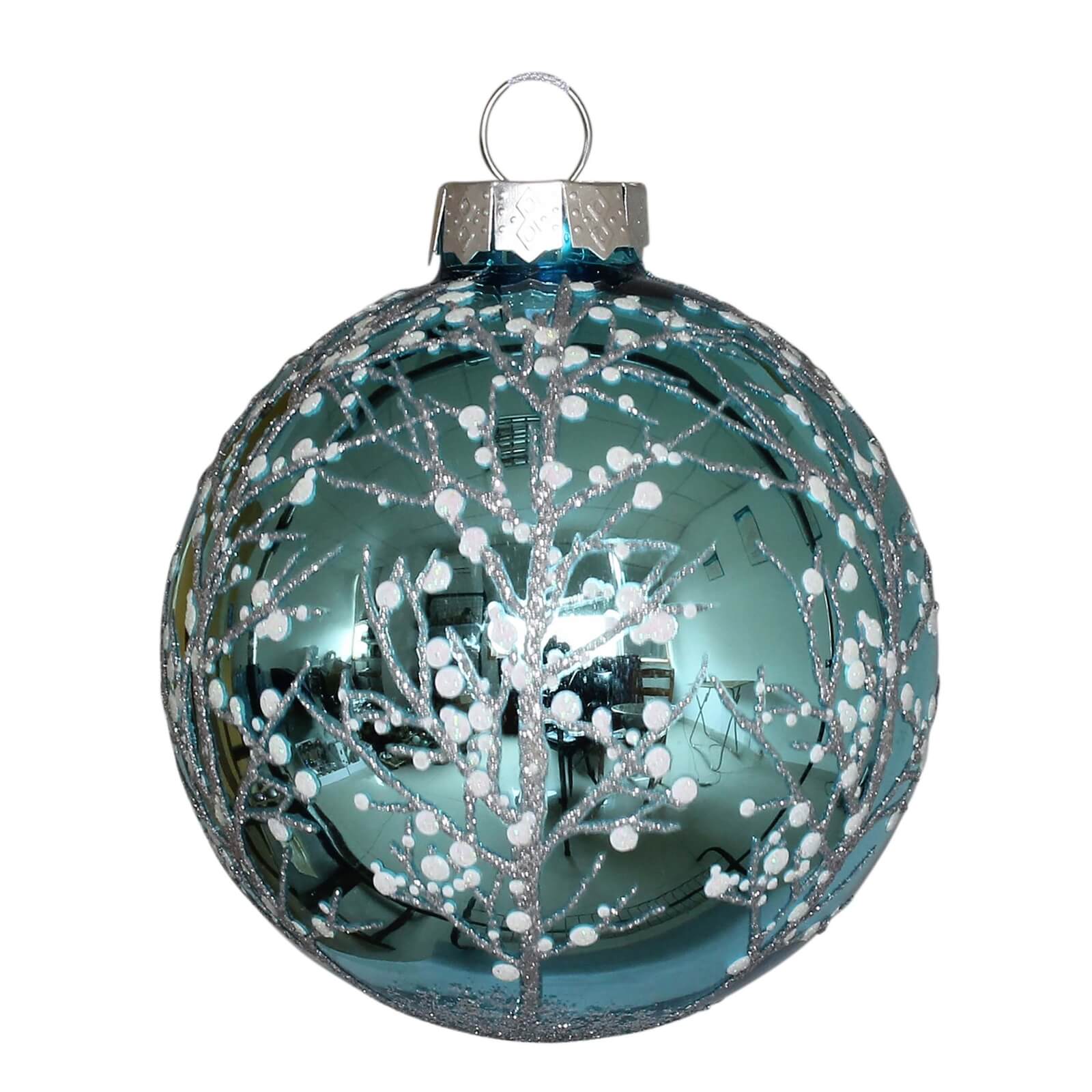 Blue Shiny Foliage Pattern Glass Christmas Tree Bauble