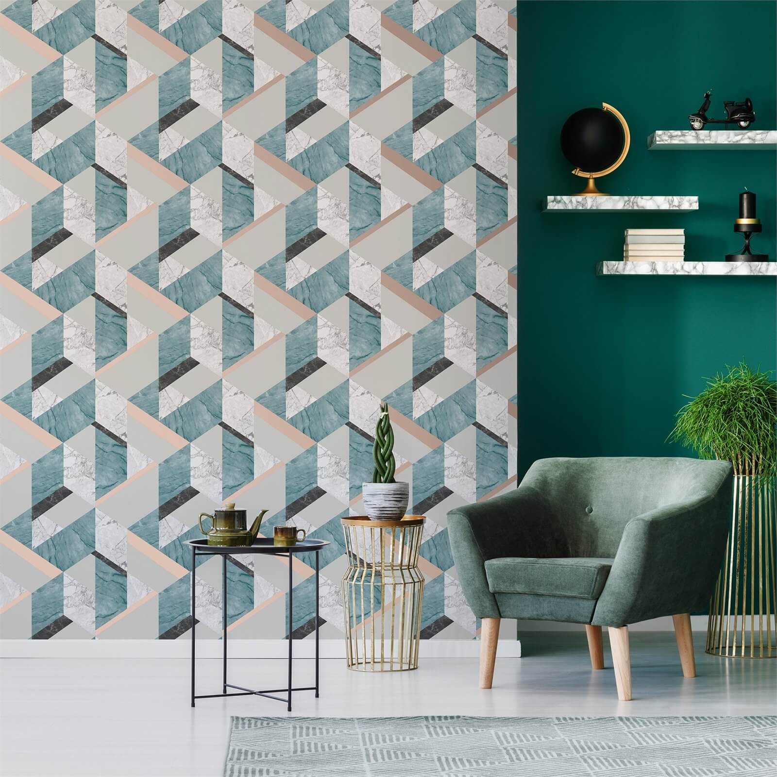 Fresco Marblesque Geometric Wallpaper - Jade/Rose Gold