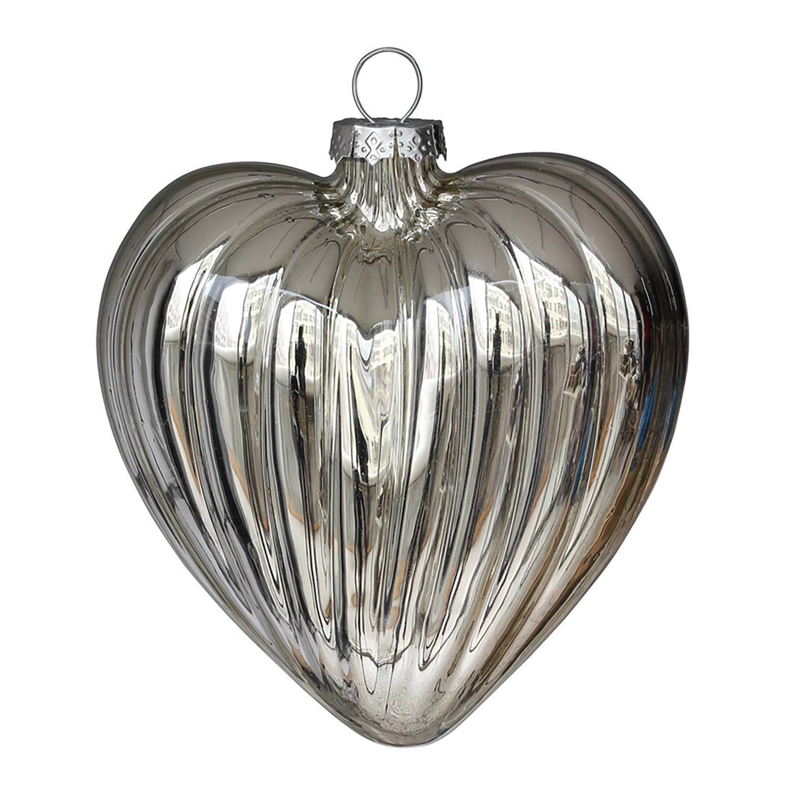 Silver Ribbed Heart Glass Christmas Tree Bauble