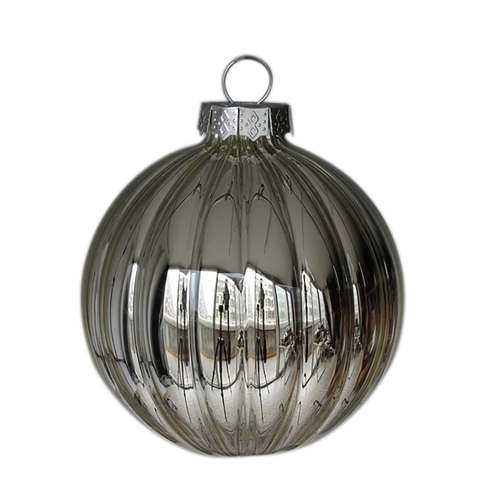 Silver Ribbed Round Glass Christmas Tree Bauble