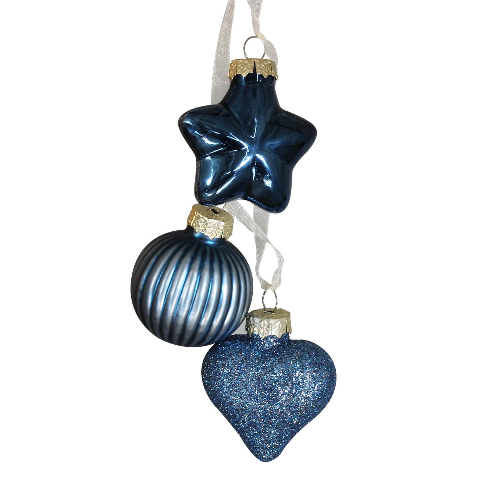 Blue Star Heart Christmas Tree Bauble 3pc Glass