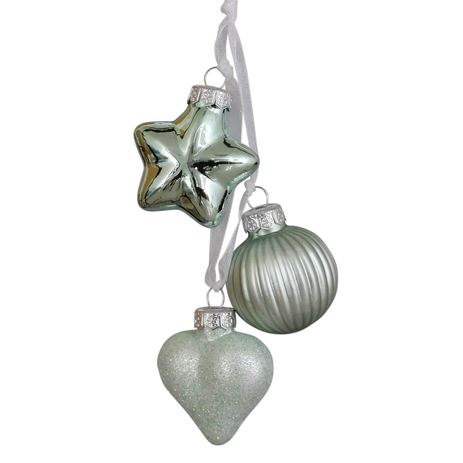 Mint Star Heart Christmas Tree Bauble 3pc Glass