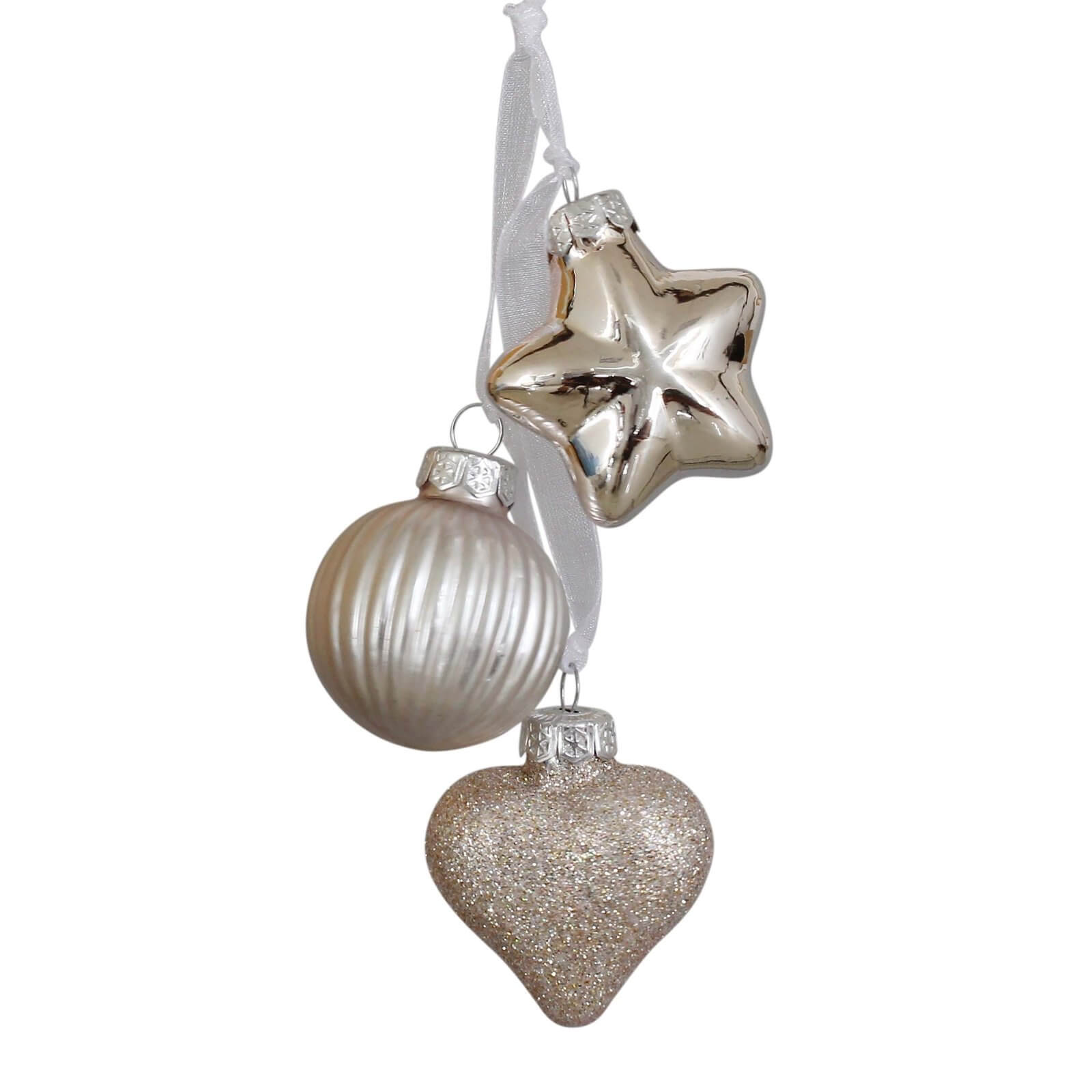 Champagne Star Heart Christmas Tree Bauble 3pc Glass