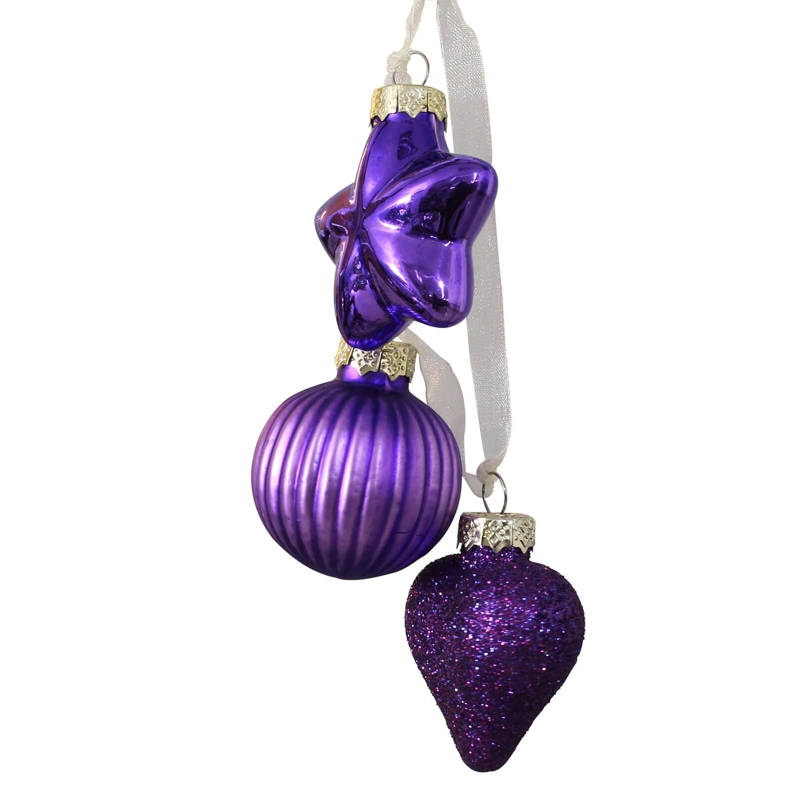 Purple Star Heart Christmas Tree Bauble 3pc Glass