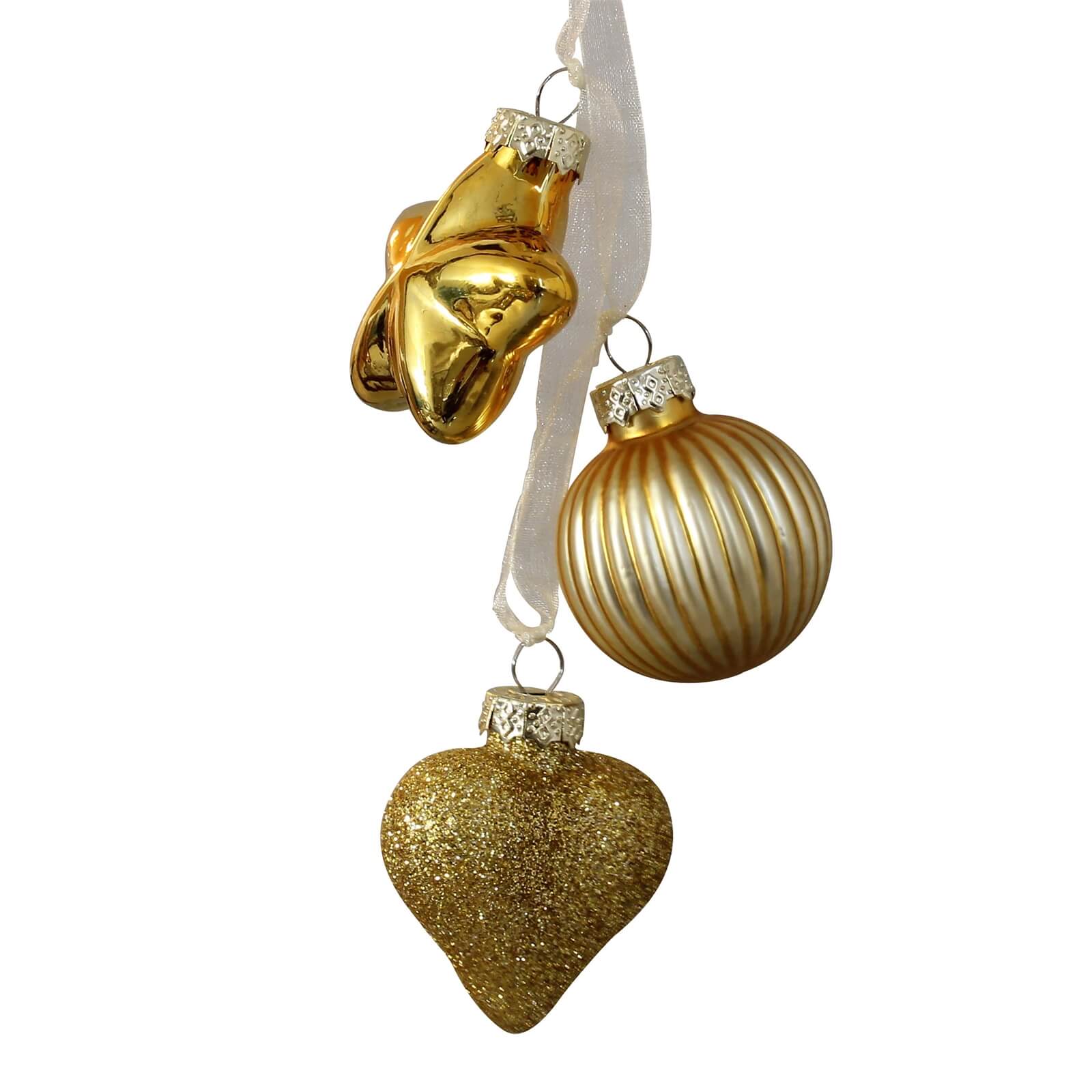 Gold Star Heart Christmas Tree Bauble 3pc Glass