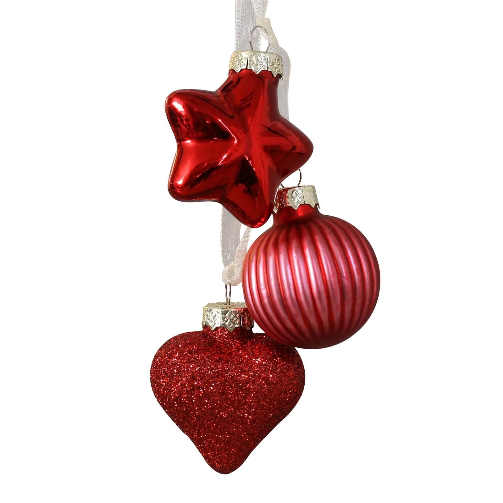 Red Star Heart Christmas Tree Bauble 3pc Glass