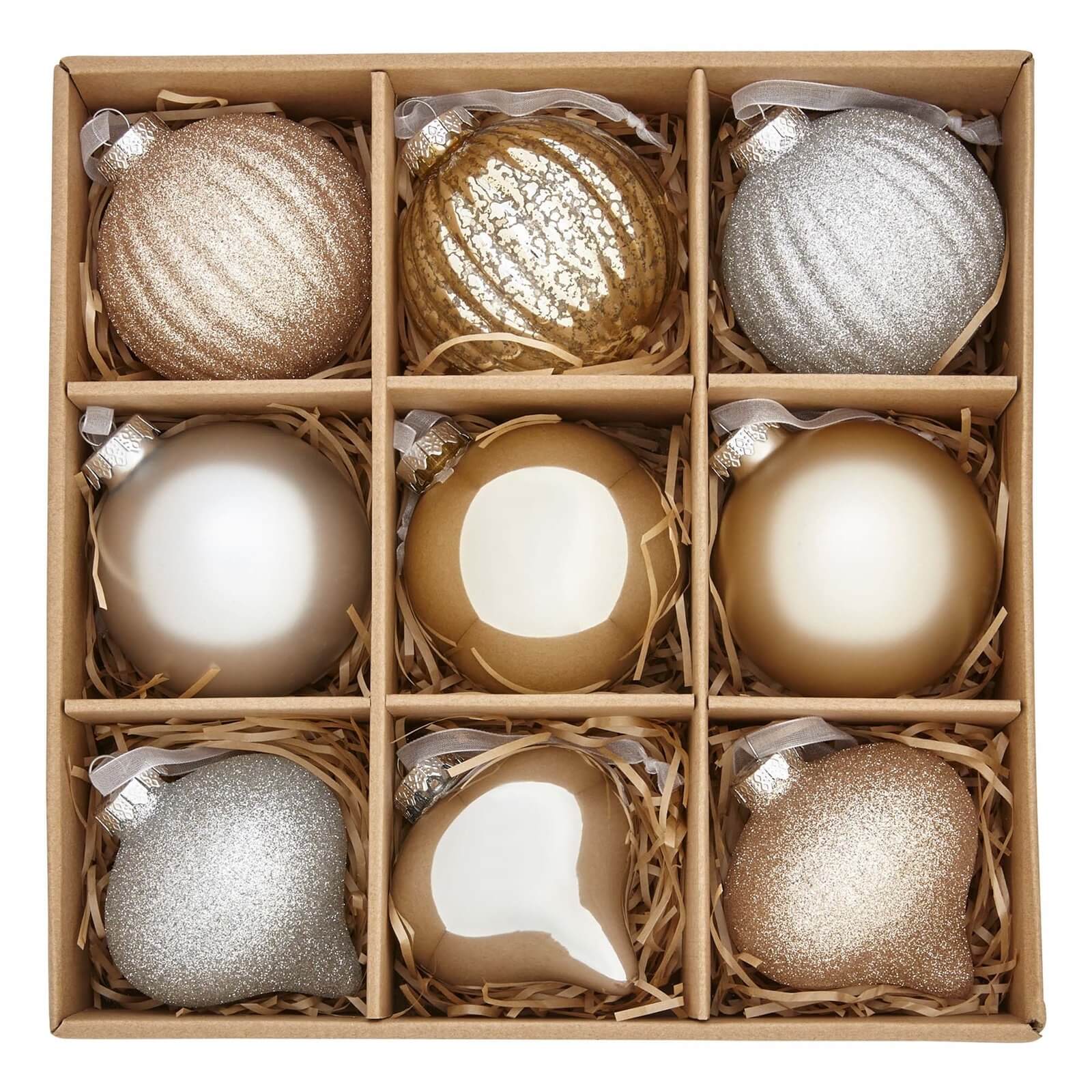 Pack of 9 Gold and Silver Glass Tree Baubles Boxed