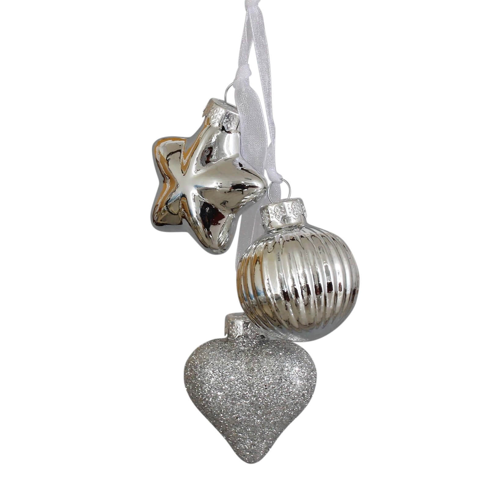 Silver Star Heart Christmas Tree Bauble 3pc Glass