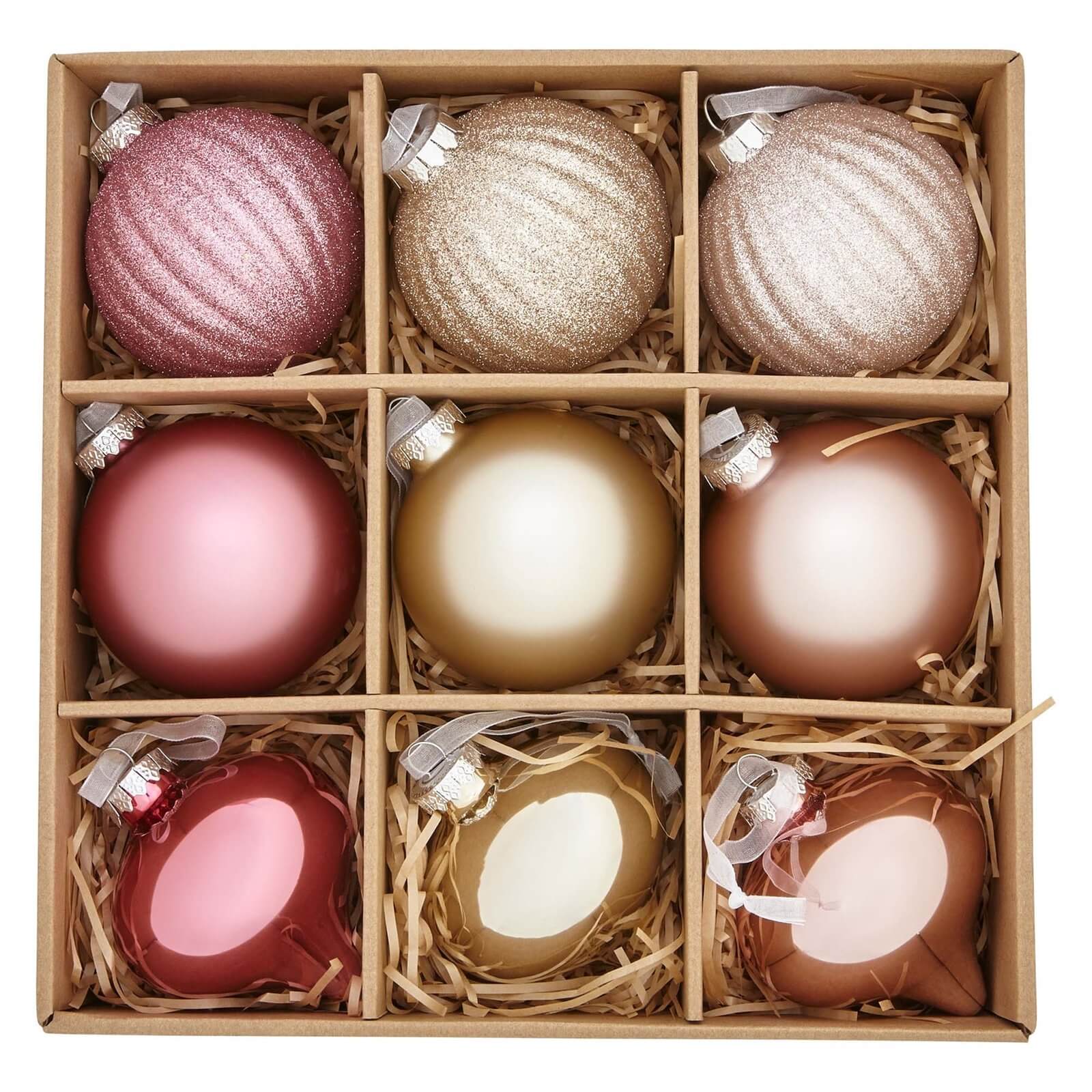 Pack of 9 Pink Blush Glass Tree Baubles Boxed