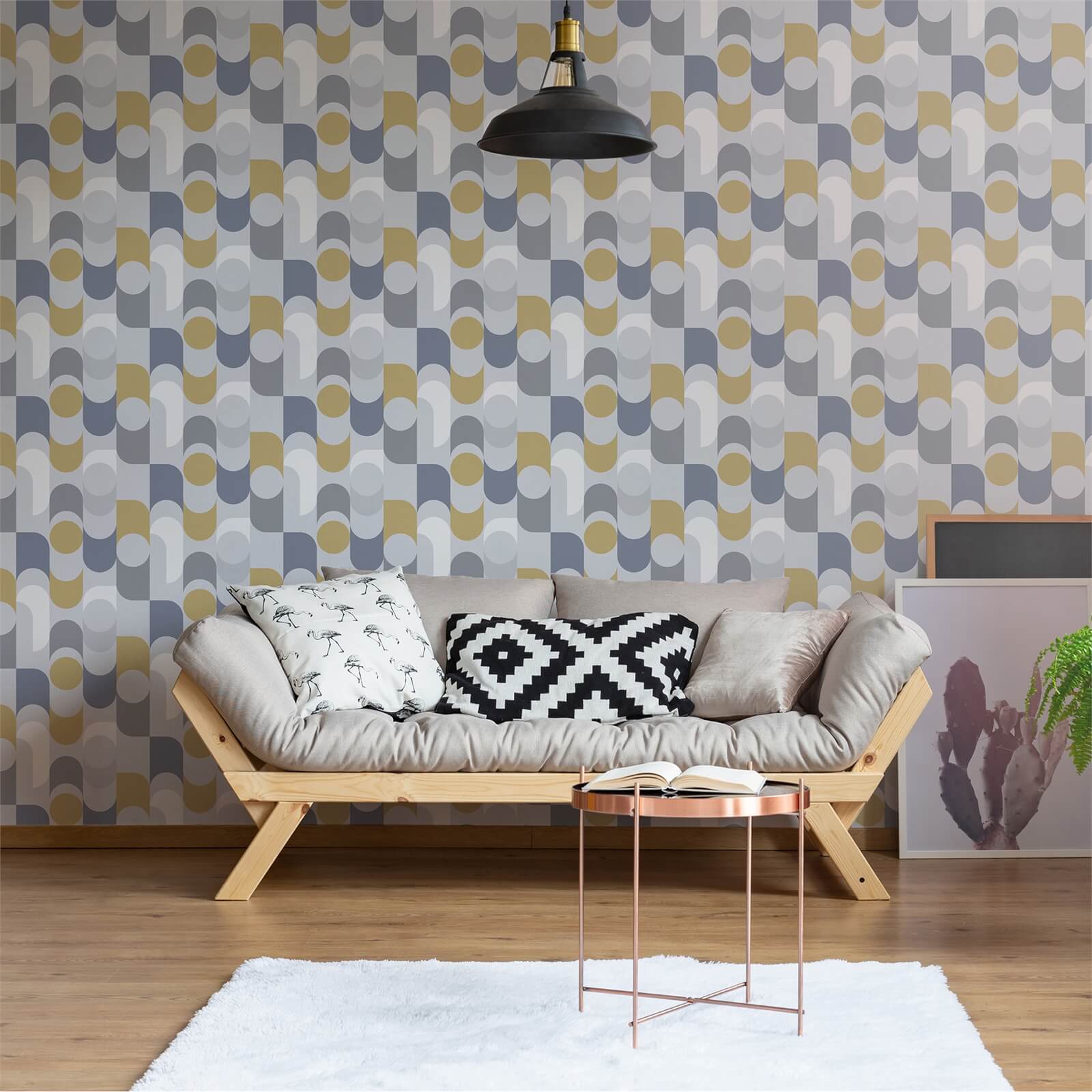 Fresco Retro Geometric Wallpaper - Navy / Yellow