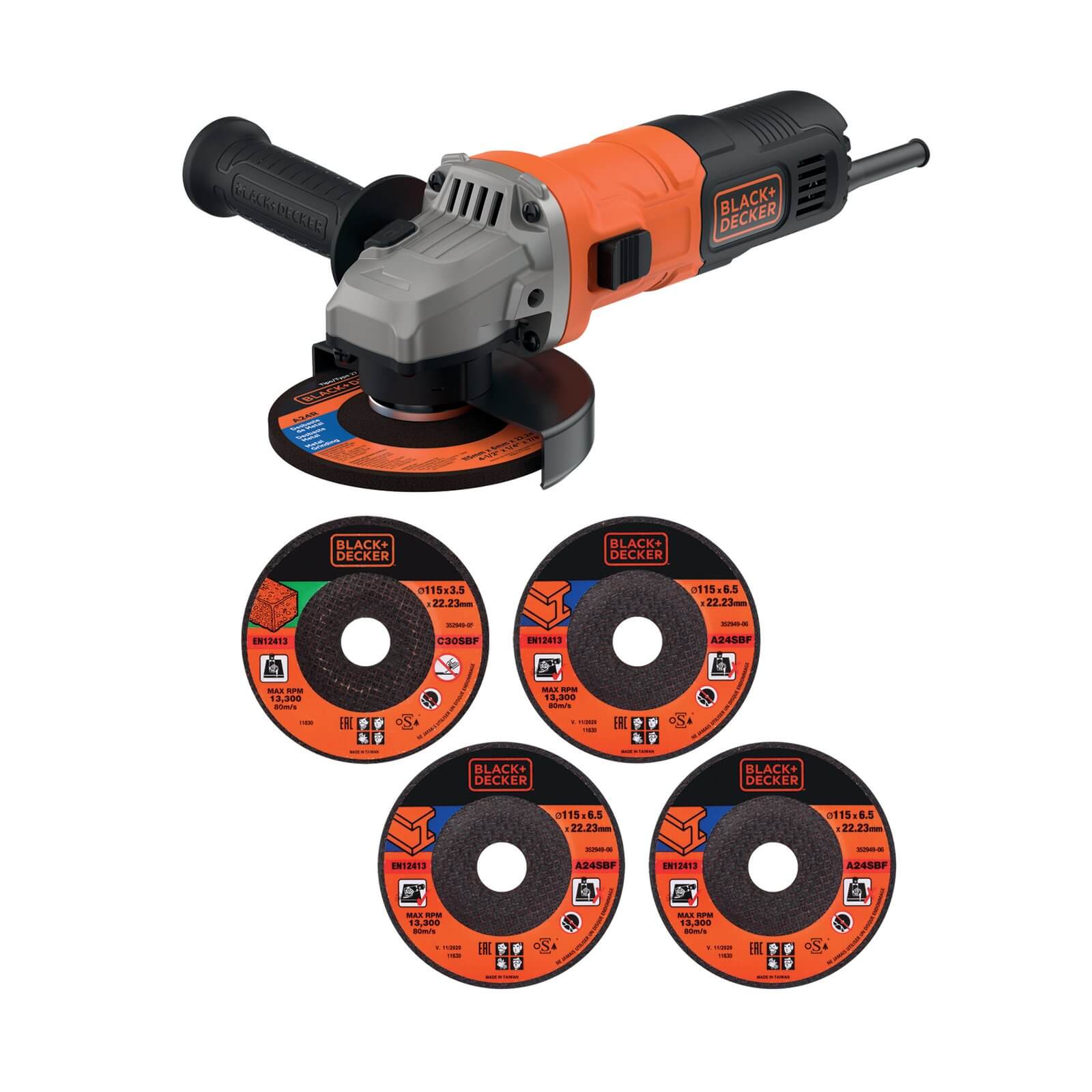 BLACK+DECKER 115mm 710W Corded Angle Grinder with 5 Cutting Discs (BEG010A5-GB)