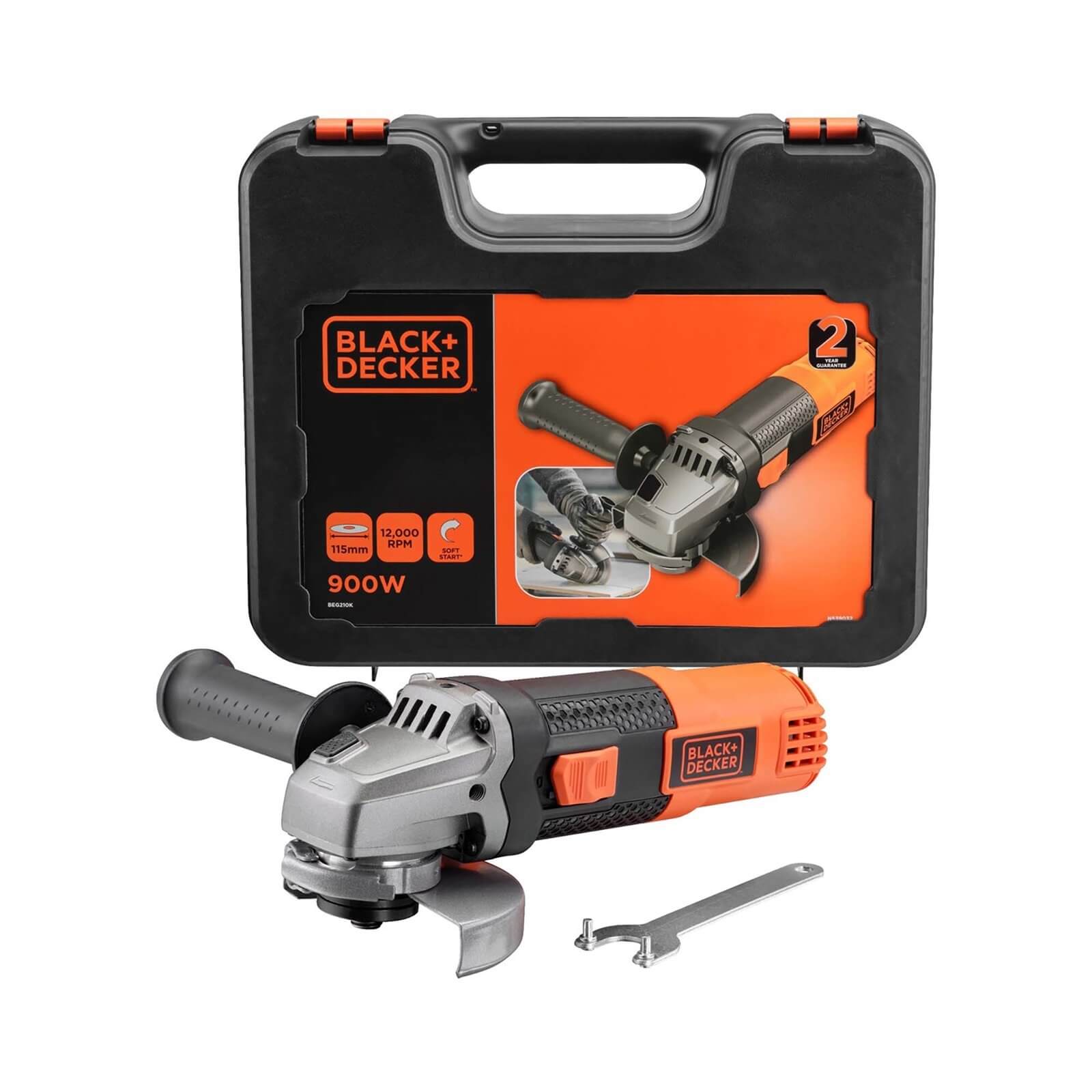 BLACK+DECKER 115mm 900W Corded Angle Grinder with Kit Box (BEG210K-GB)