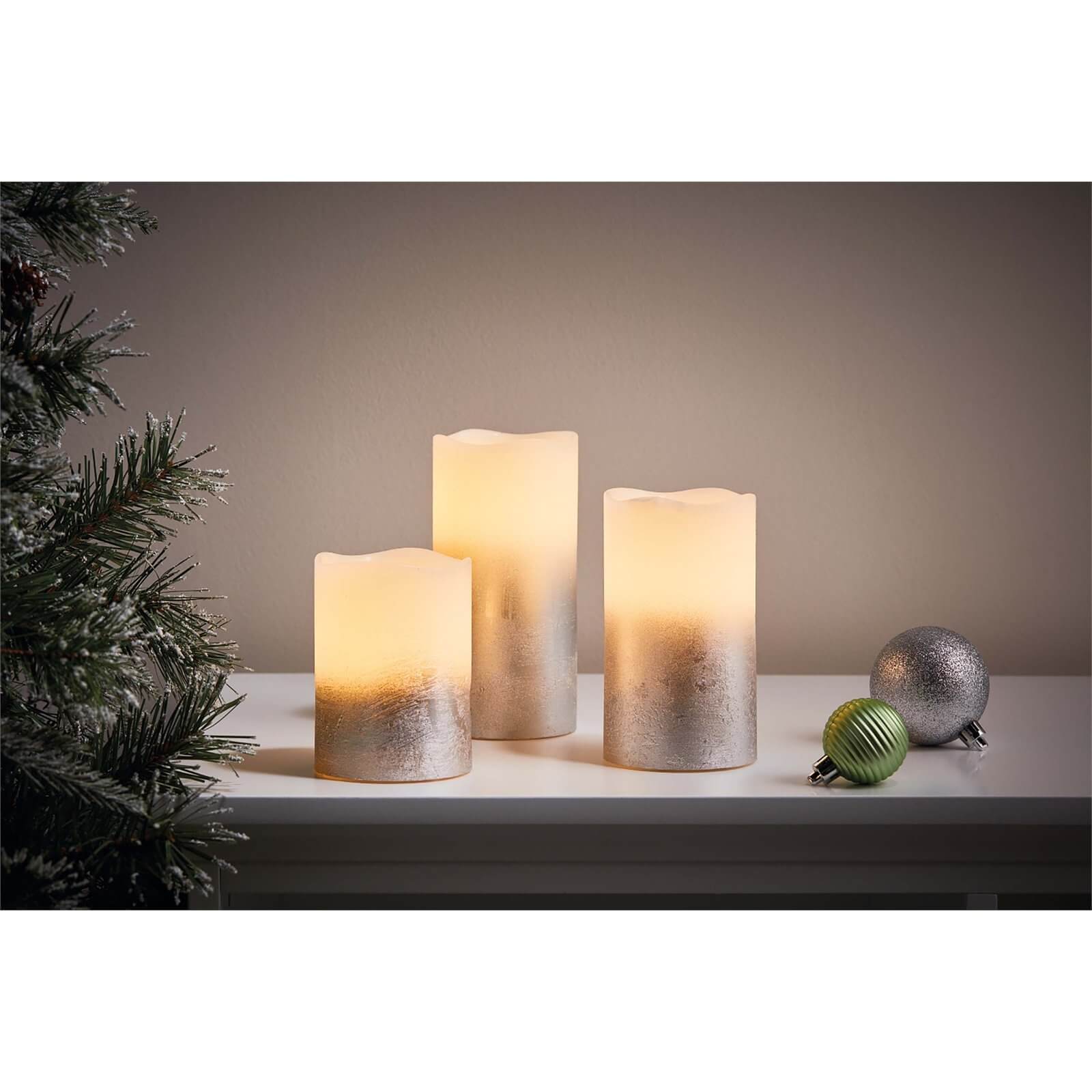 3 LED Silver Ombre Pillar Christmas Candles (Battery Operated)