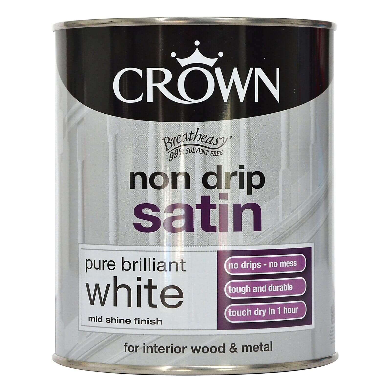 Crown Non Drip Satin Paint Pure Brilliant White - 750ml