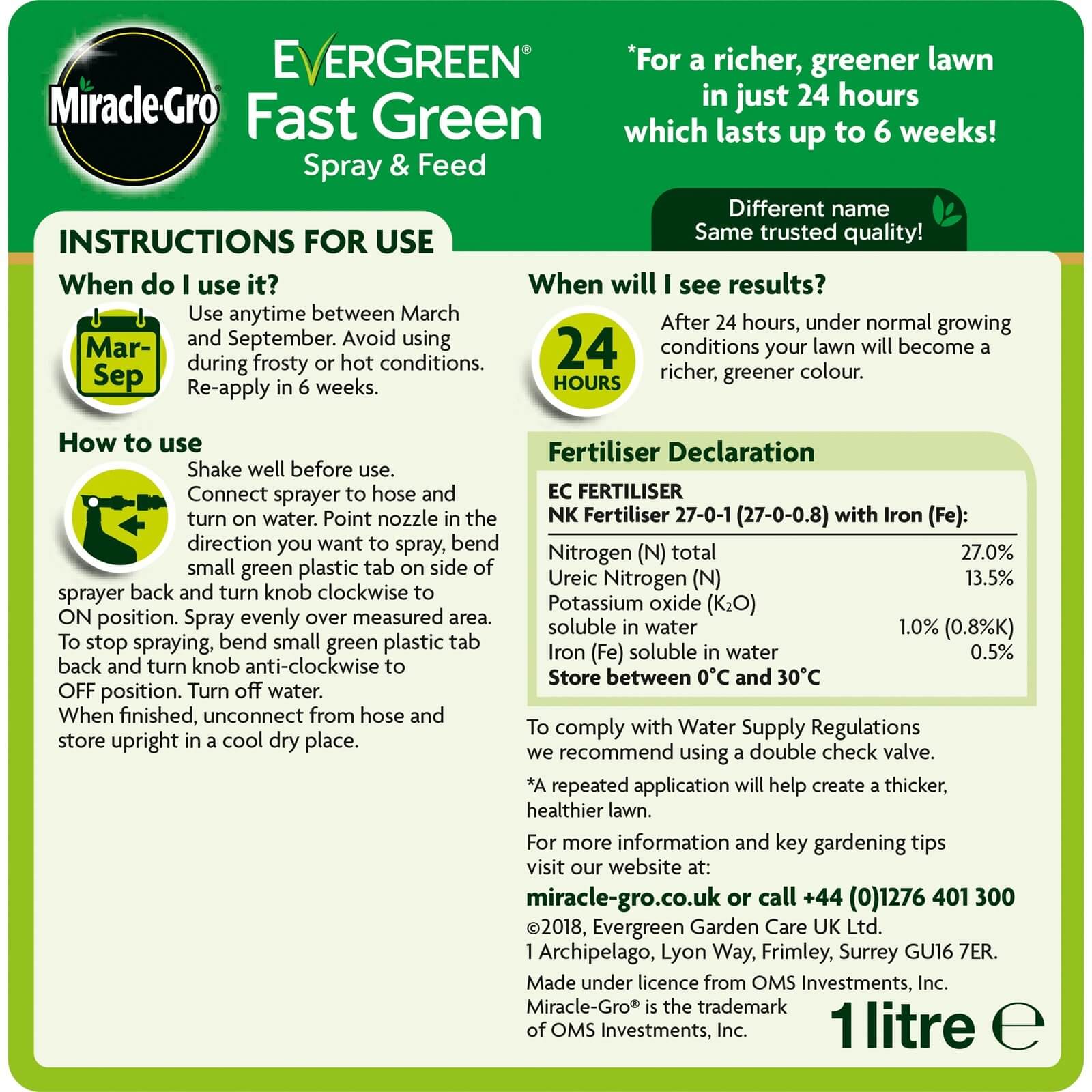 Miracle-Gro EverGreen Fast Green Spray & Feed Lawn Food - 100m²