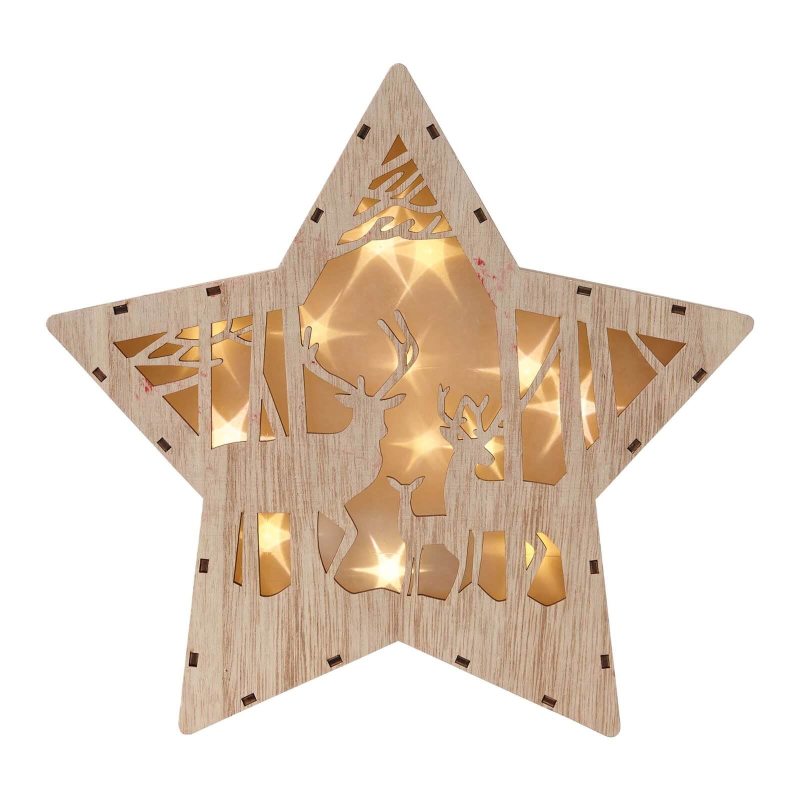 Wooden Deer Scene Light Up Star Decoration (Battery Operated)