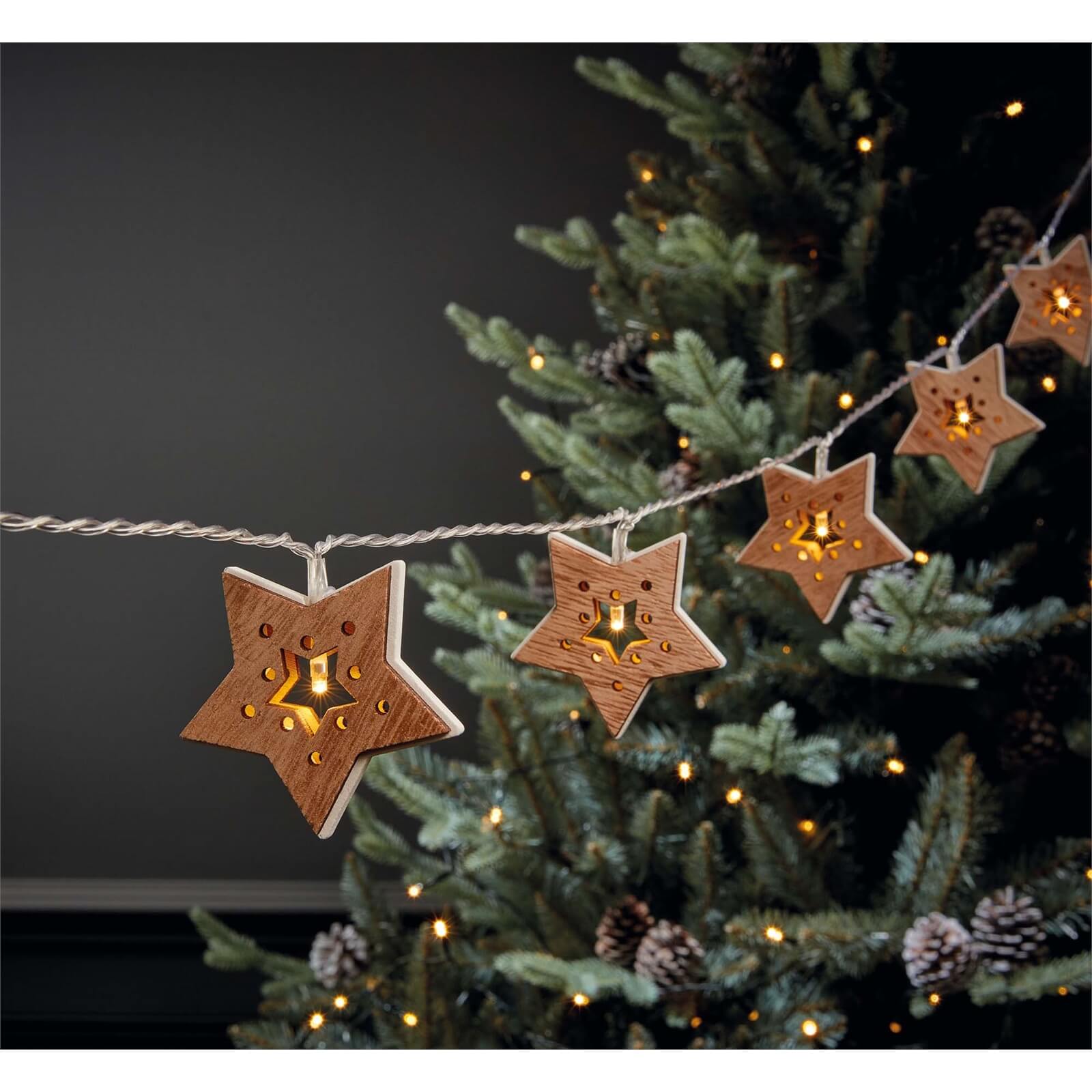 10 Wooden Star Christmas String Lights (Battery Operated)