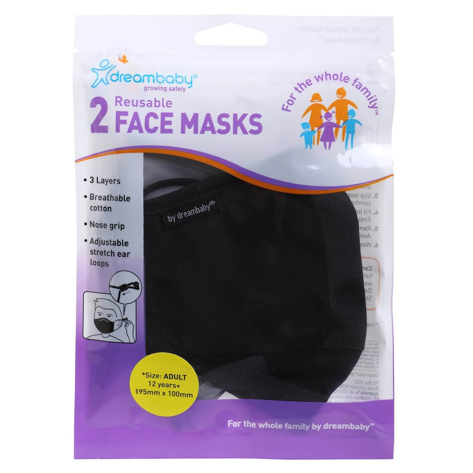 Dreambaby Reusable Black/Grey Face Masks (Adult) - 2 Pack