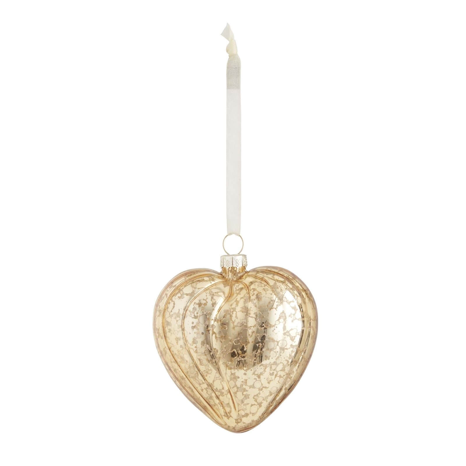 Gold Ribbed Mercury Glass Heart Hanging Tree Decoration