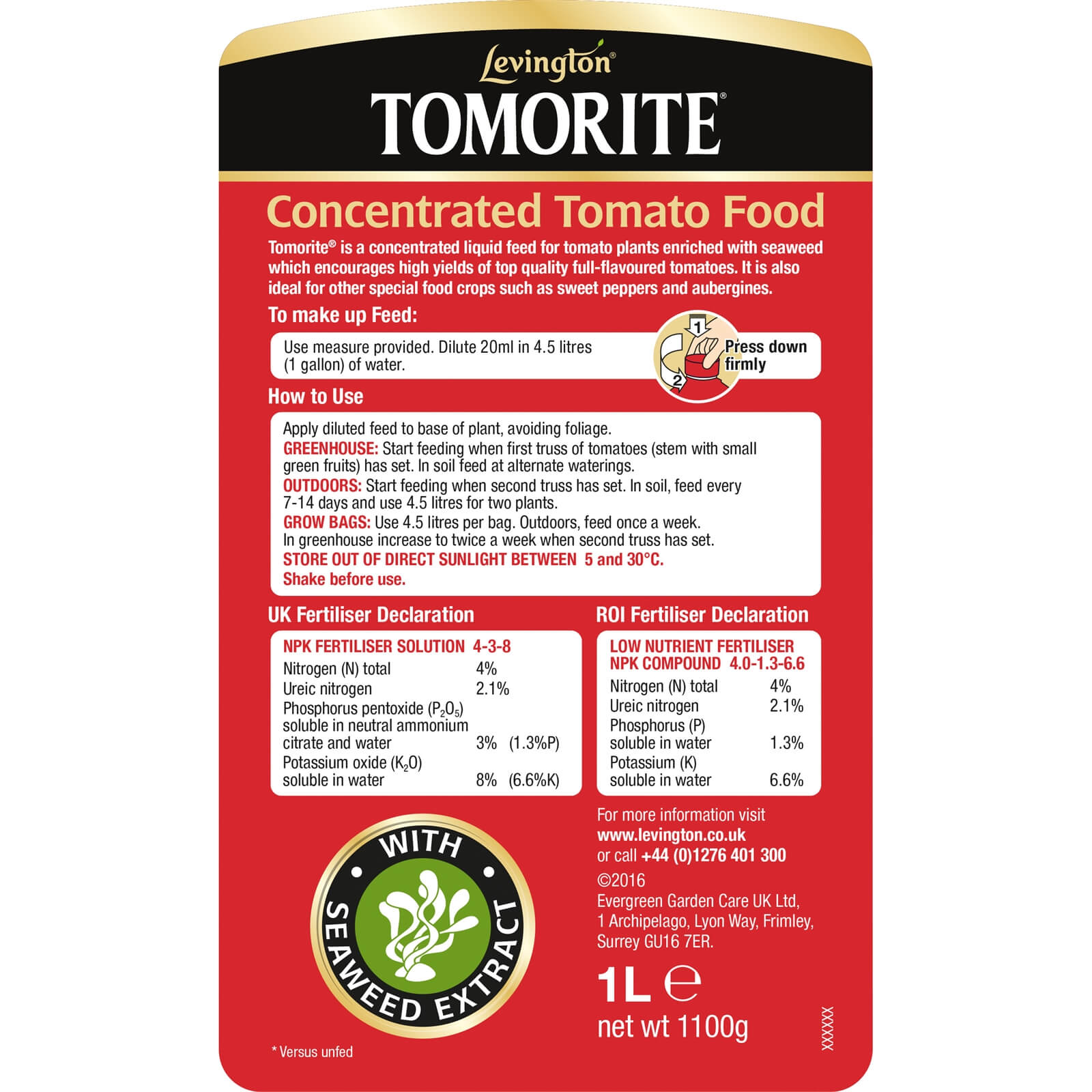 Levington Tomorite Concentrated Tomato Plant Food With Seaweed Extract - 1L