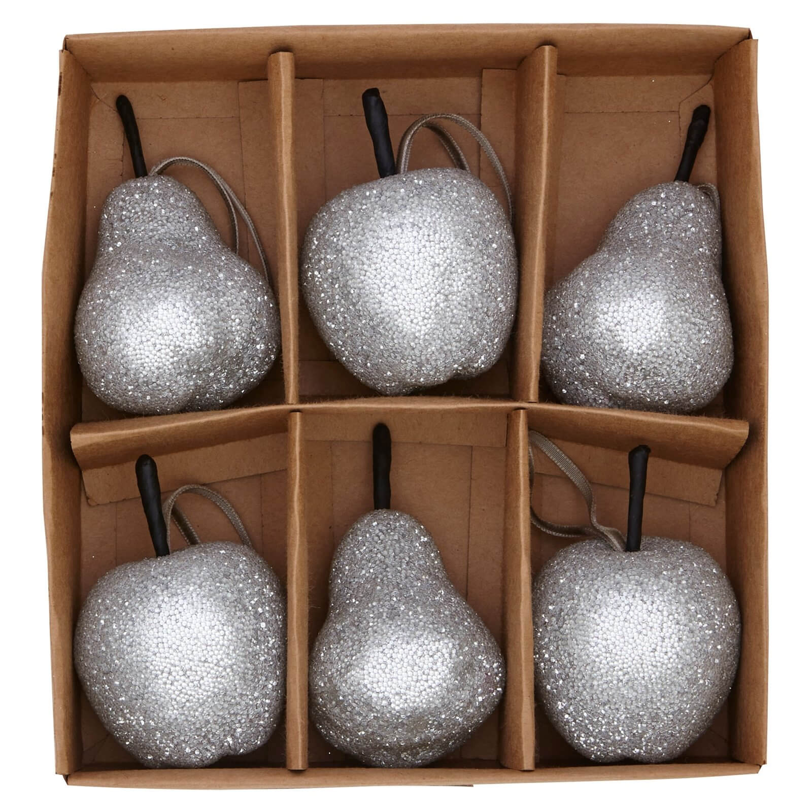 Silver Beaded Pears and Apples Christmas Tree Decorations - Pack of 6