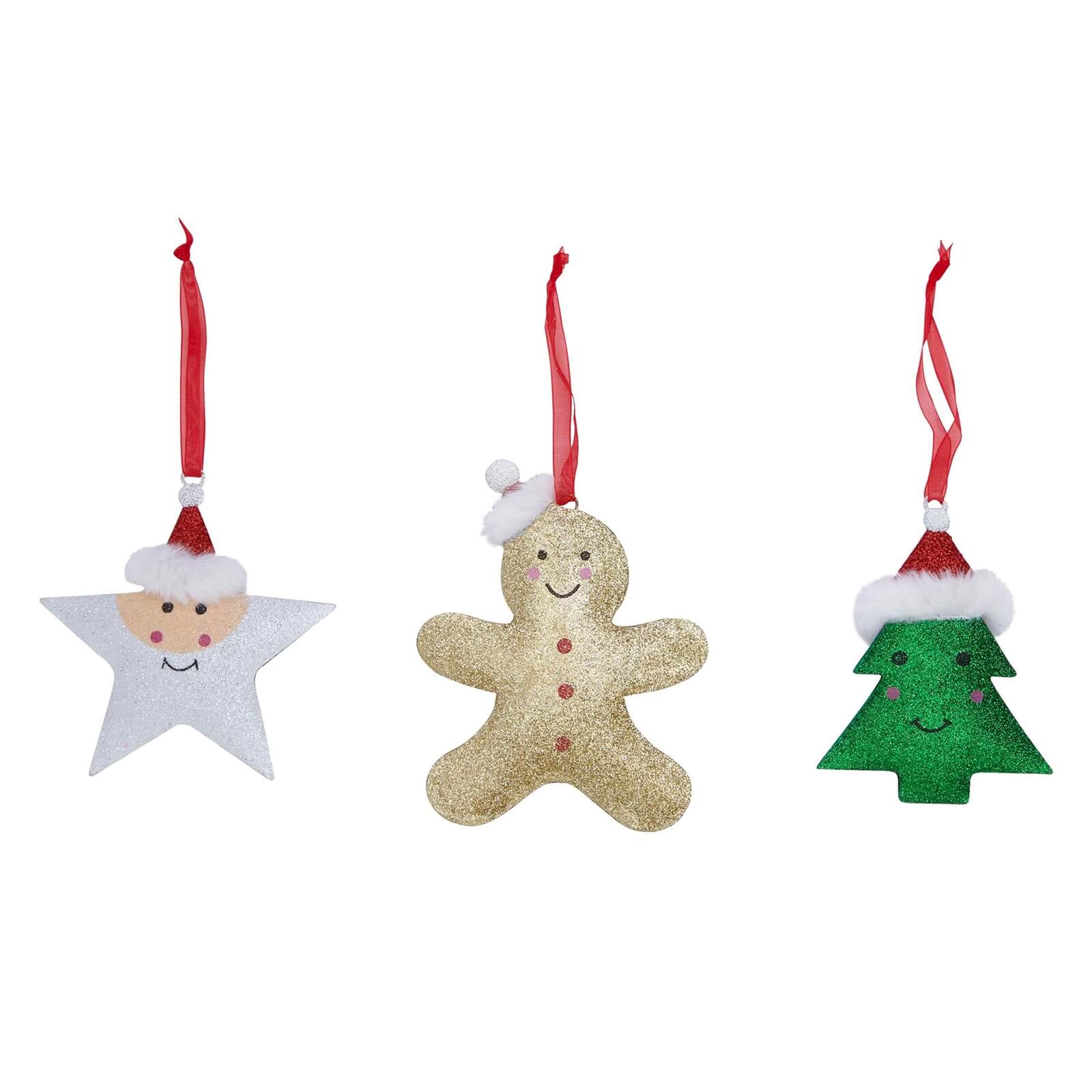 Pack of 3 Metal Novelty Glitter Hanging Tree Decorations