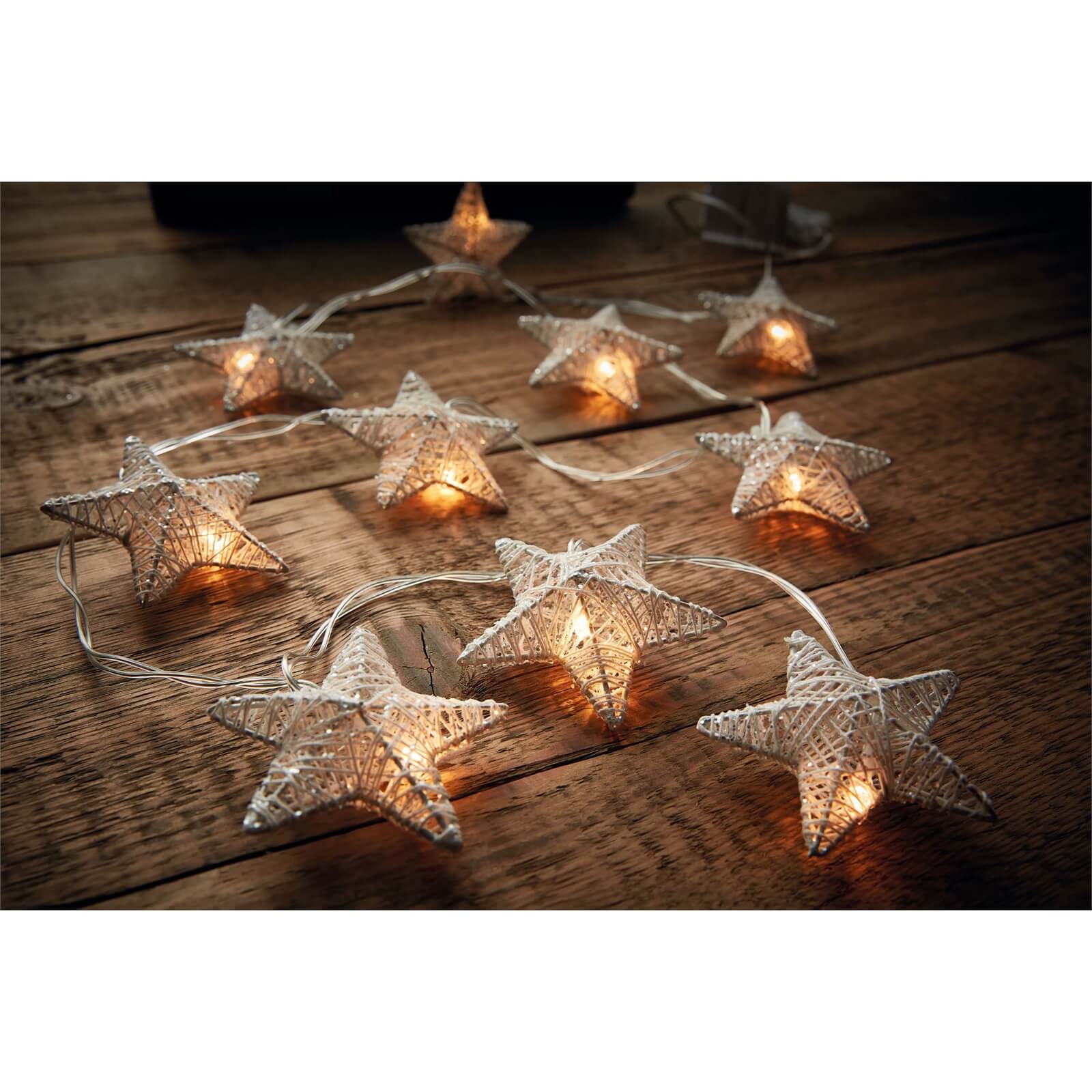 10 White Glitter Star Christmas String Lights (Battery Operated)