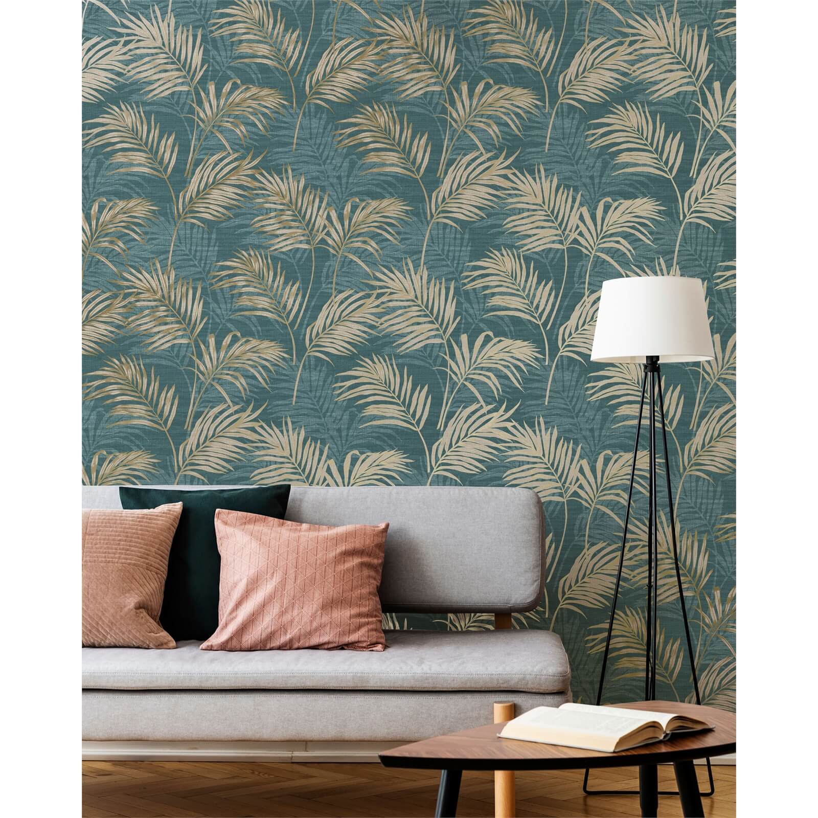 Grandeco Lounge Palm Teal Wallpaper