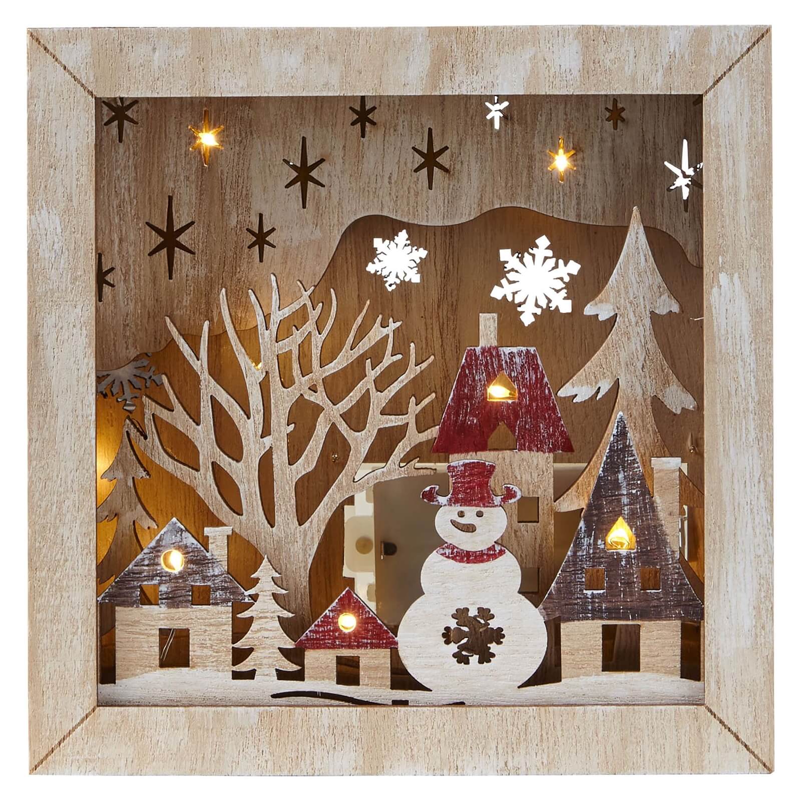 Wooden Snowman Scene Light Up Decoration (Battery Operated)