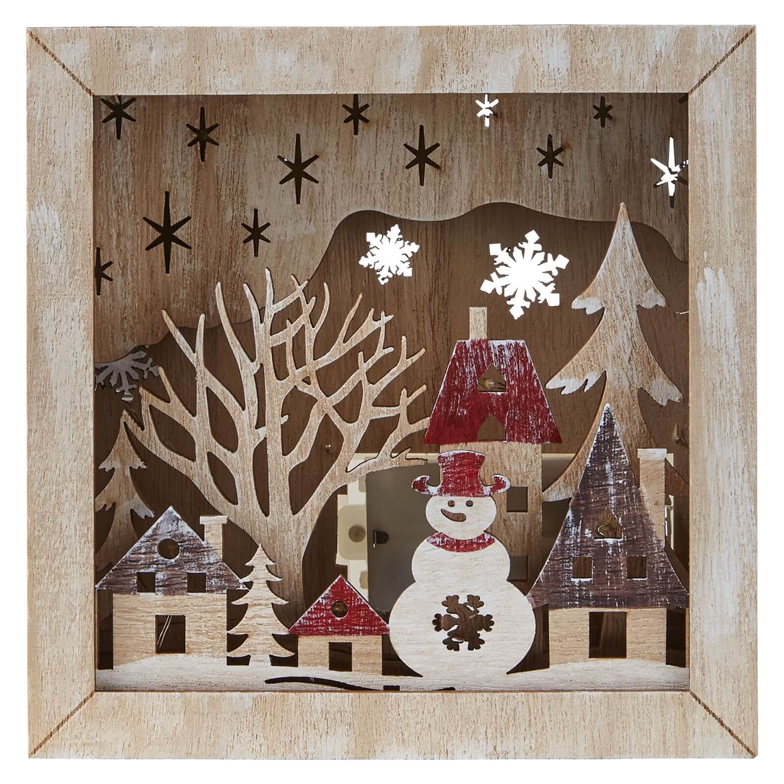 Wooden Snowman Scene Light Up Decoration (Battery Operated)