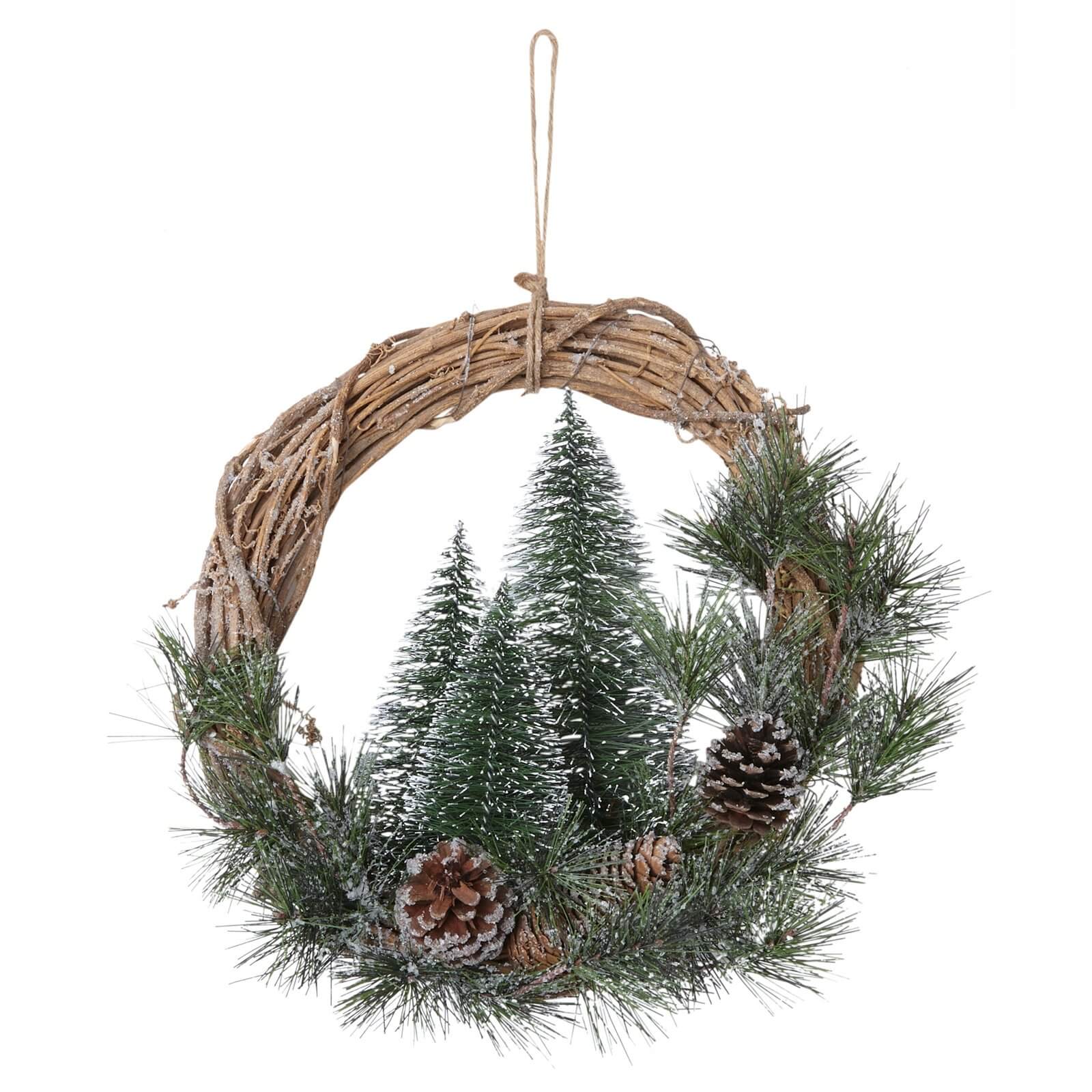 Trees And Cone Rattan Christmas Wreath - 40cm