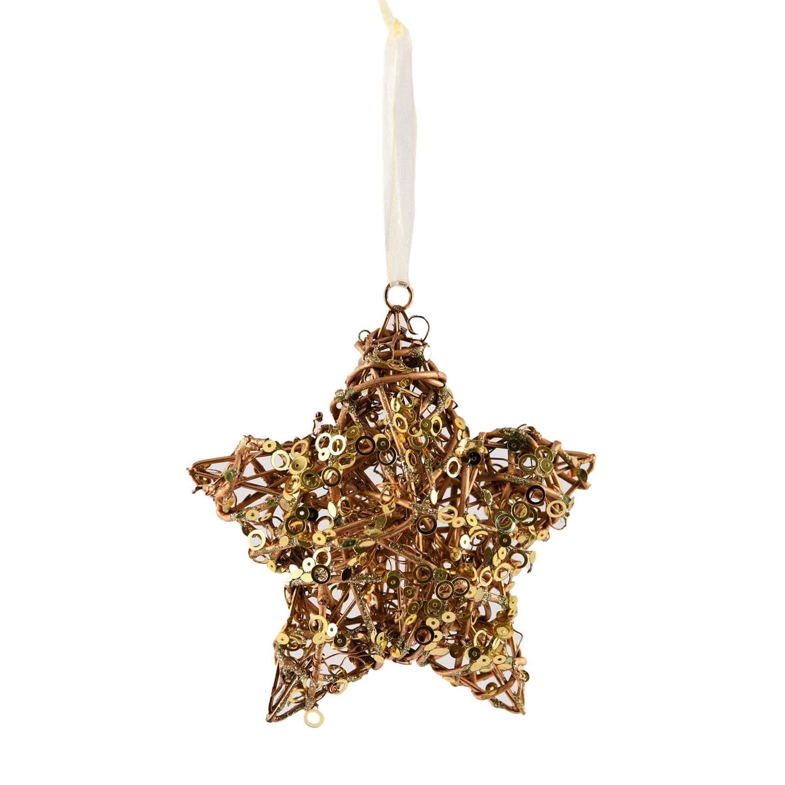 Gold Rattan Sequin Star Hanging Tree Decoration