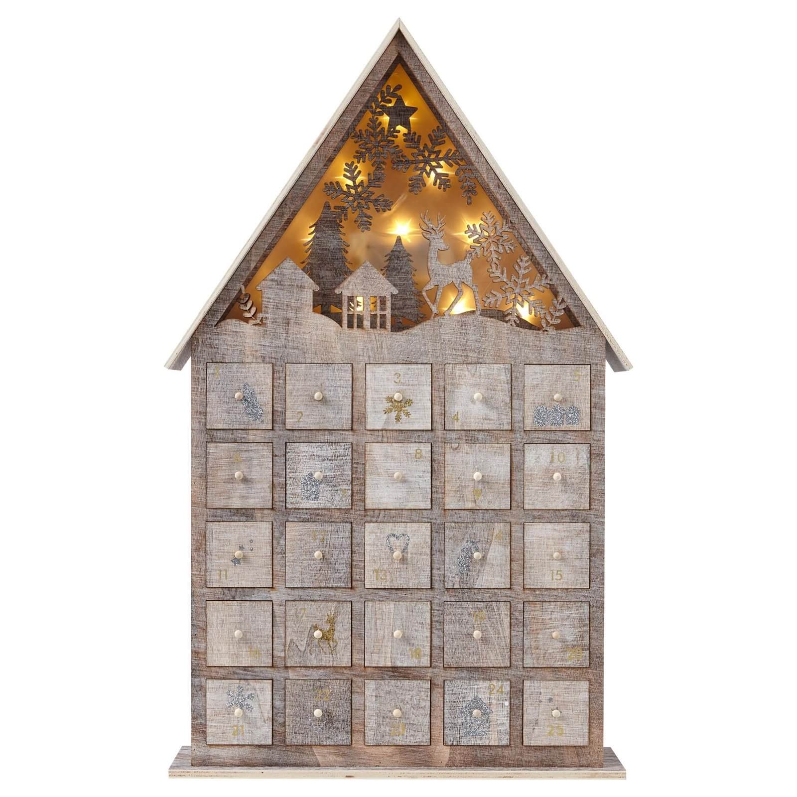 Wooden Light Up Christmas Advent Calendar House (Battery Operated)